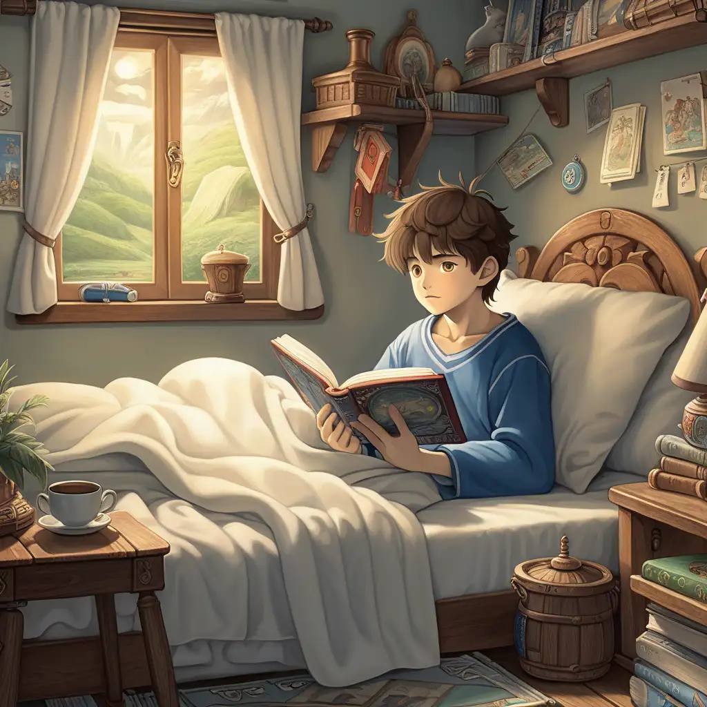 a boy with brown hair lying in his bed reading, happy, peaceful, beauiful illustration of fantasy, ghibli, princess mononoke, soothing, dark, music, amazing detailed game poster, Hayao Miyazaki --ar3:2 --niji 5