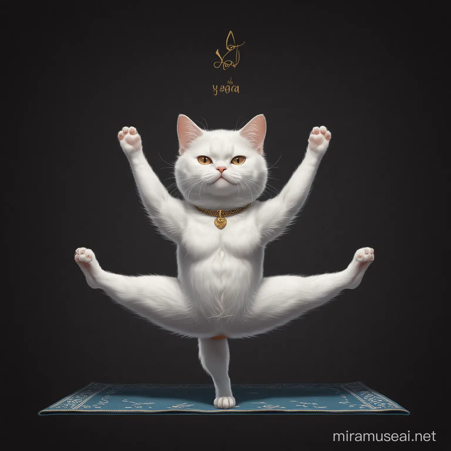 Илюстрация белая кошка практикует йогу на черном фоне.