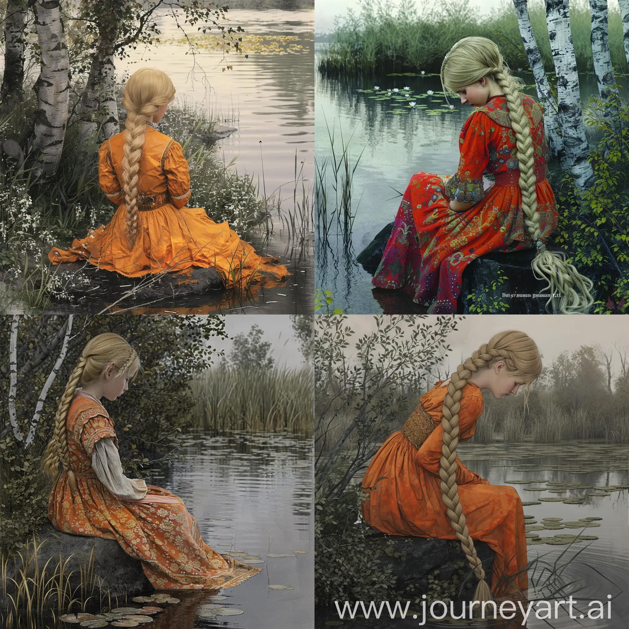 Ethereal-Fantasy-Art-of-a-Russian-Girl-in-National-Dress-by-a-Brook