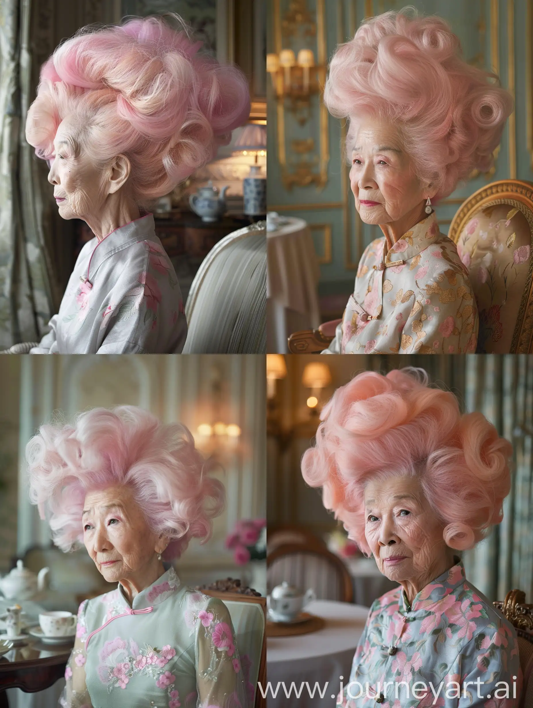 An elderly Asian woman with elegant pastel pink tones in her hair, styled in a sophisticated updo. She is seated in a classic tea room, surrounded by soft, diffused lighting that highlights her graceful style.