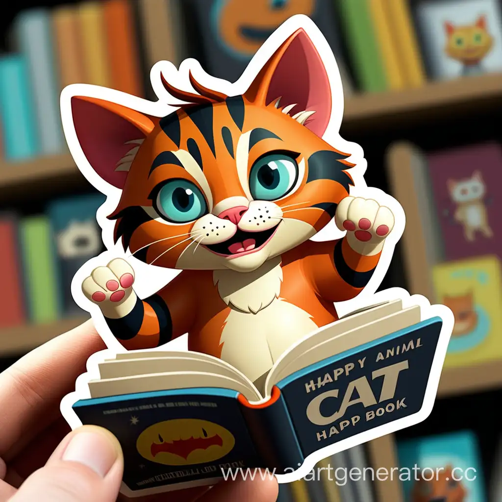 Create a unique sticker design featuring a super animal happy cat read book with an incredible style