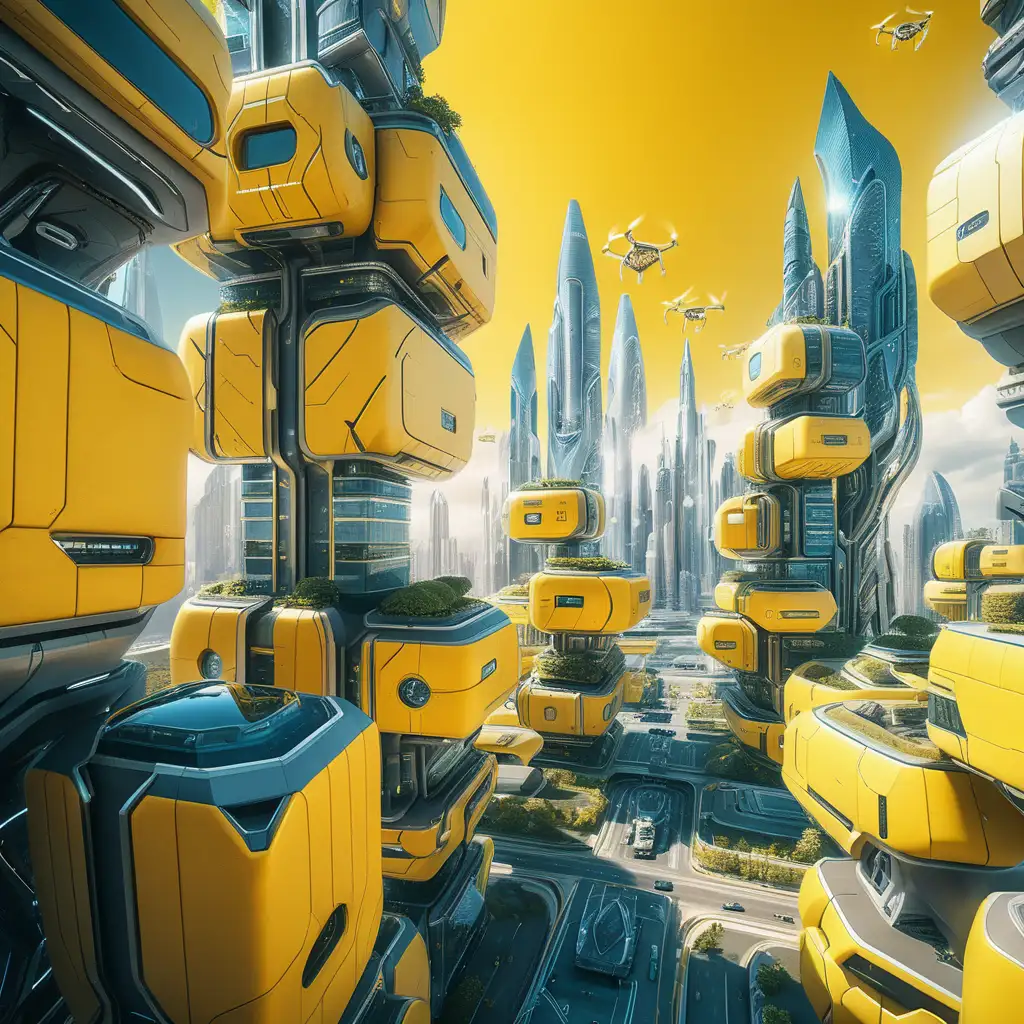 Imagine a futurist city with yellow buildings ultra technologic, shot by a dron with a high quality camera, avatar style, ultra detailed