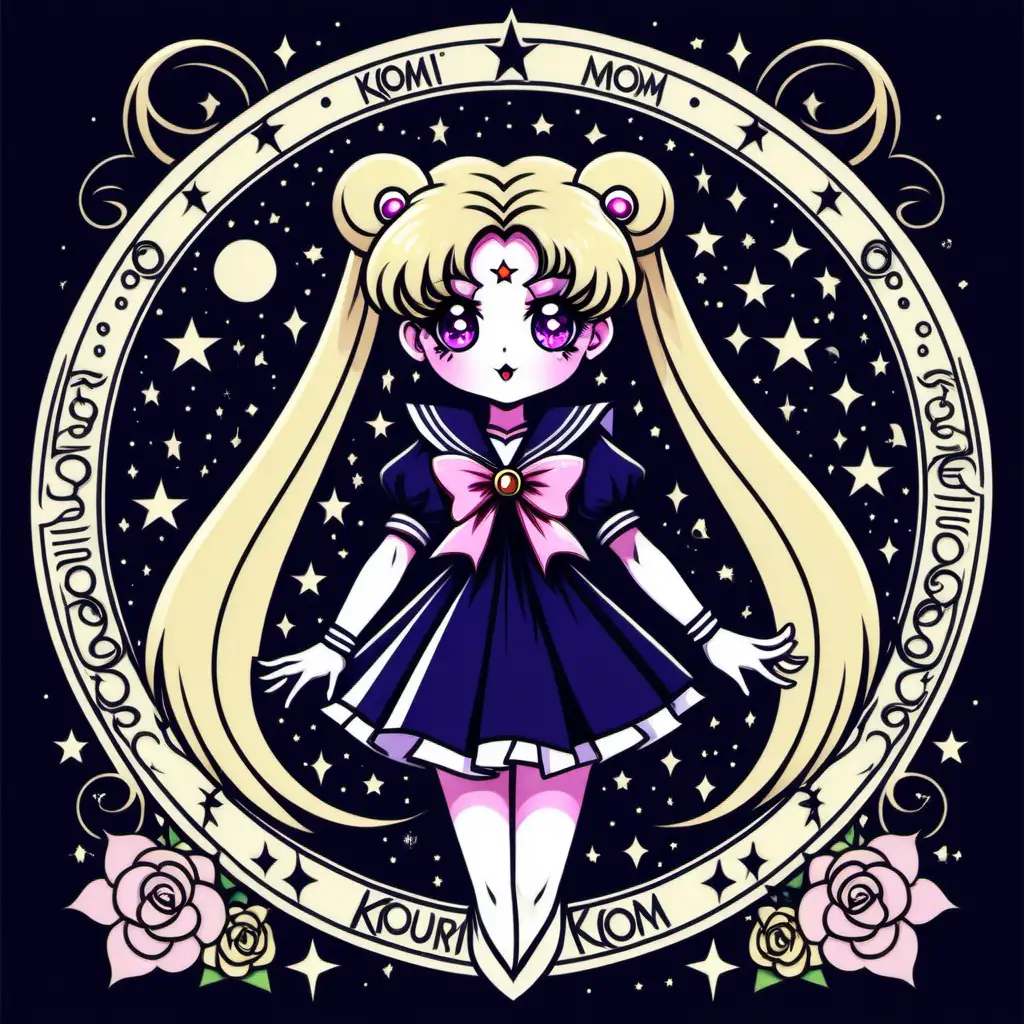 gothic sailor moon vector illustration in the style of Kuromi, sanrio, vintage tarot card, blond hair