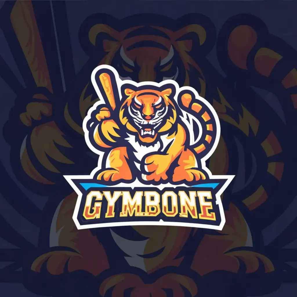 a logo design,with the text "Gymbone’s", main symbol:Tiger playing baseball,complex,clear background