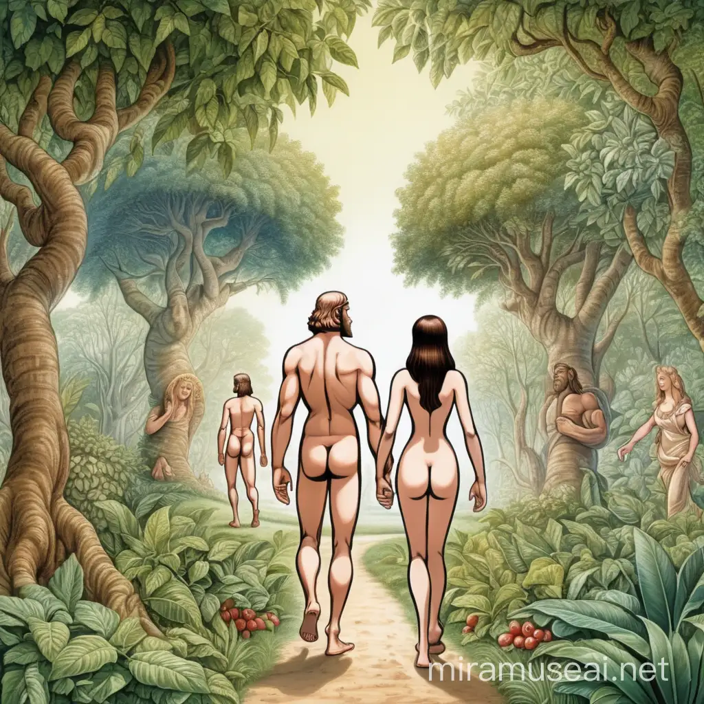 2d cartoon of Adam and Eve, walking  through the lush gardens of Eden facing backwards  They had just been banished by God for disobeying His command not to eat from the Tree of Knowledge