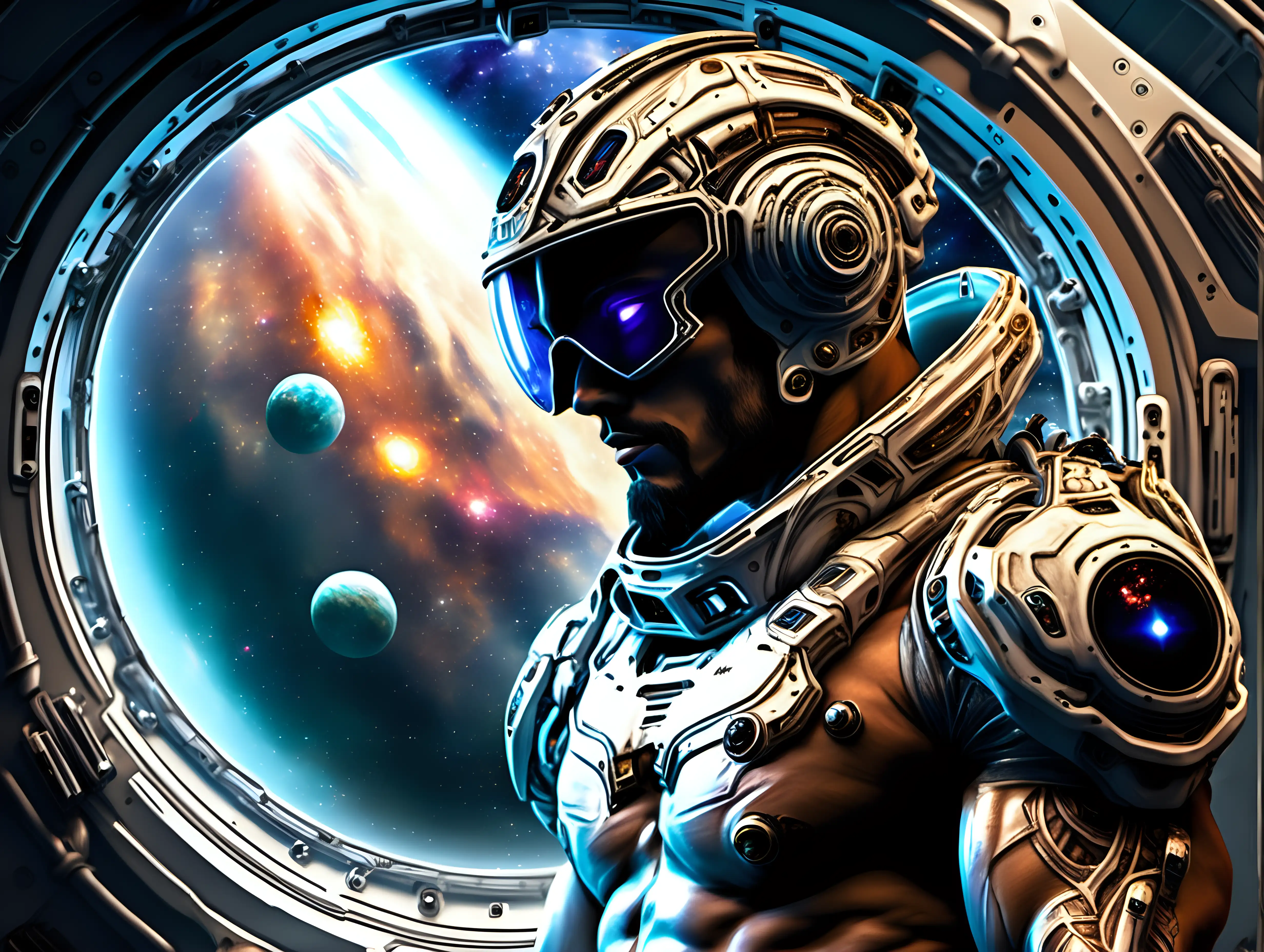 Naked muscular big bulge male space pirate, on a spaceship, shoulder armor, helmet, robotic eye, visor, dreaming and watching outer space nebula through window