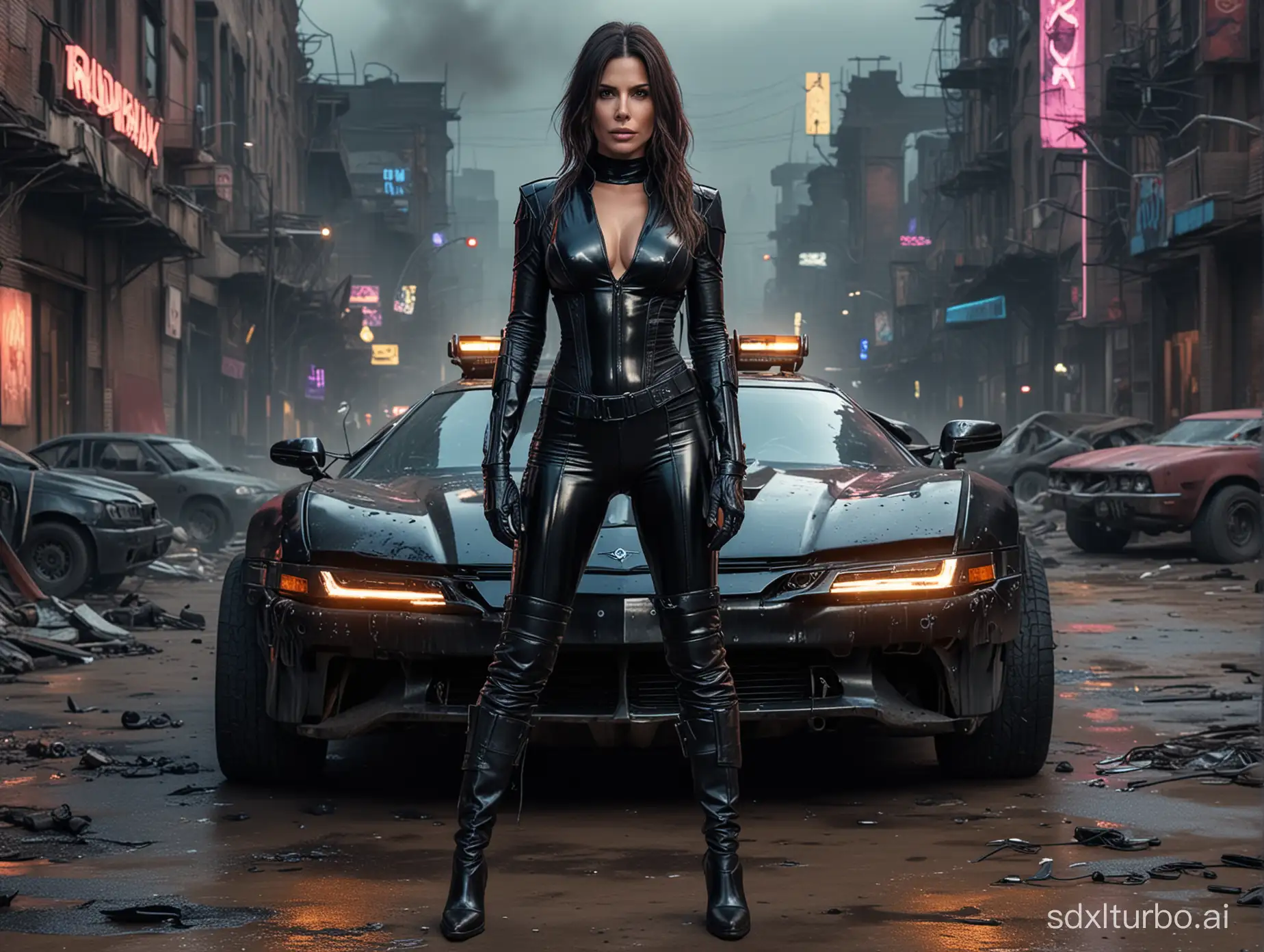 realistic hd photo , cyberpunk police Sandra Bullock standing , wearing black low-cut shinny pvc catsuit , wearing long shiny pvc gloves , wearing shinny pvc thigh high boots , in cyberpunk destroyed city with mad max car , inlighted by neons ,