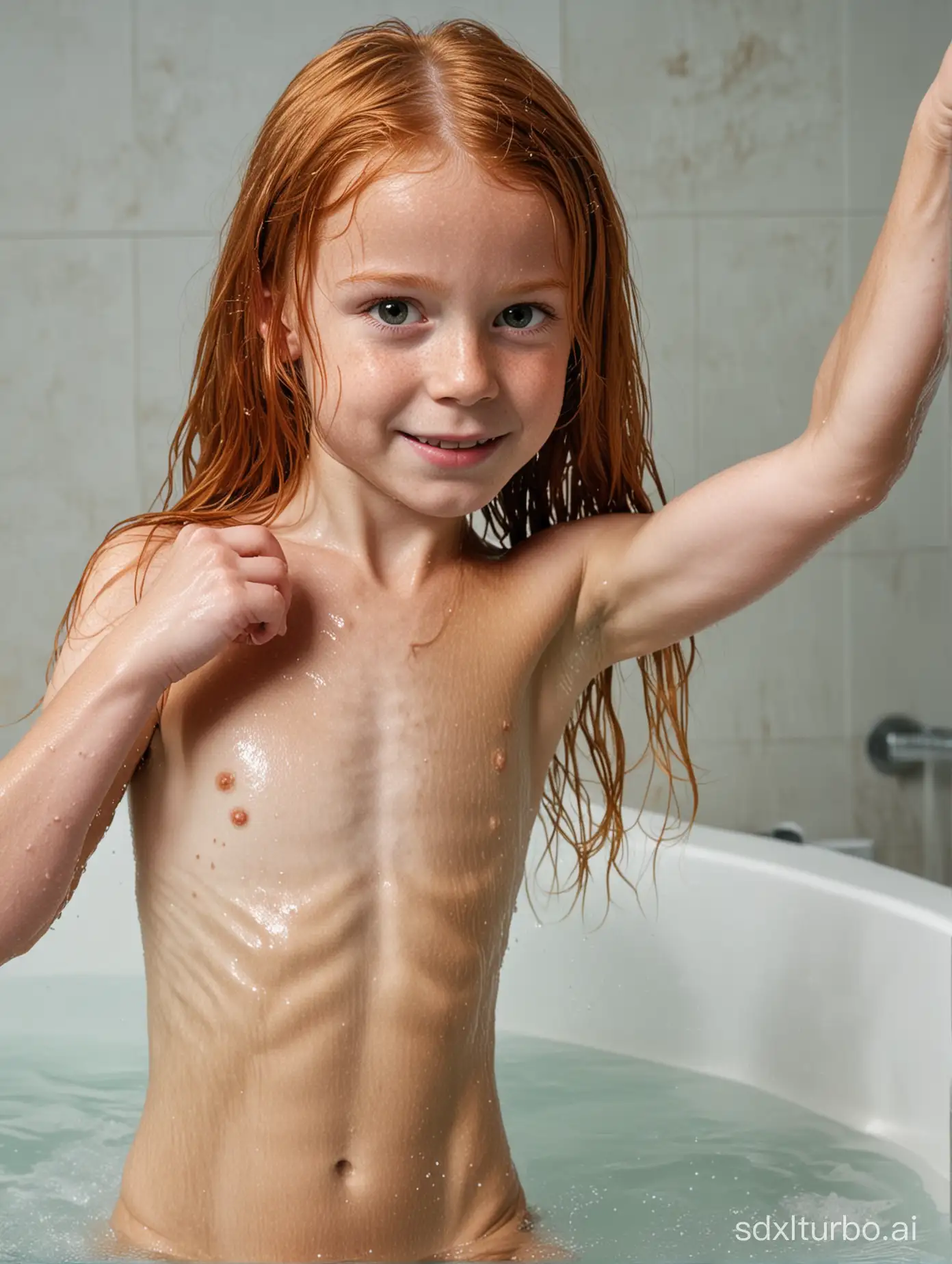 Young-Girl-with-Long-Ginger-Hair-Displaying-Muscular-Abs-Bathing