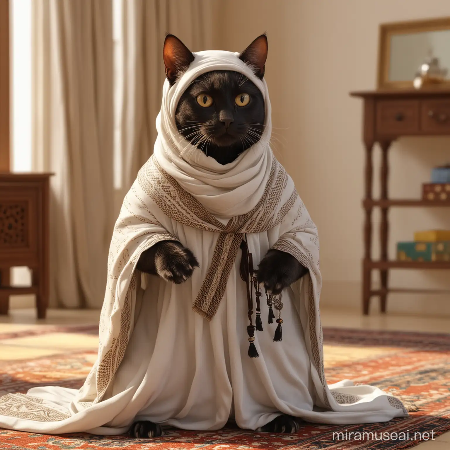 Jack cat character from Oggy and the cockroaches show, wearing Arab traditional decent dress Thawb and Shemagh, in an arab house, natural light, - - v6, Highly detailed, ultra realistic