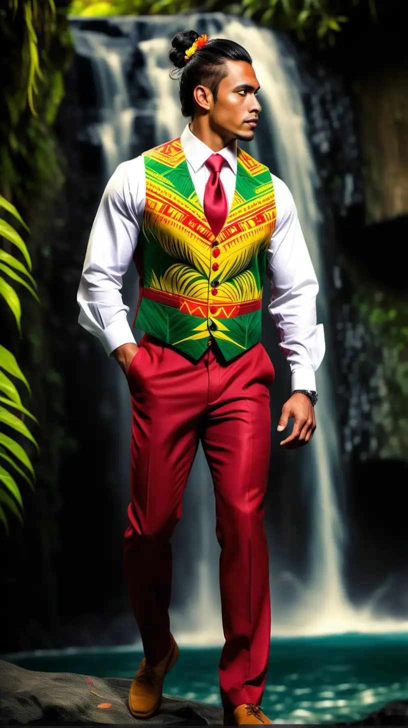 Realistic handsome Polynesian male model with long black hair up in a bun and toned body wearing red yellow green Polynesian designs on a suit vest and suit pants walking near a waterfall showing a full body shot from the top of his head to his feet.