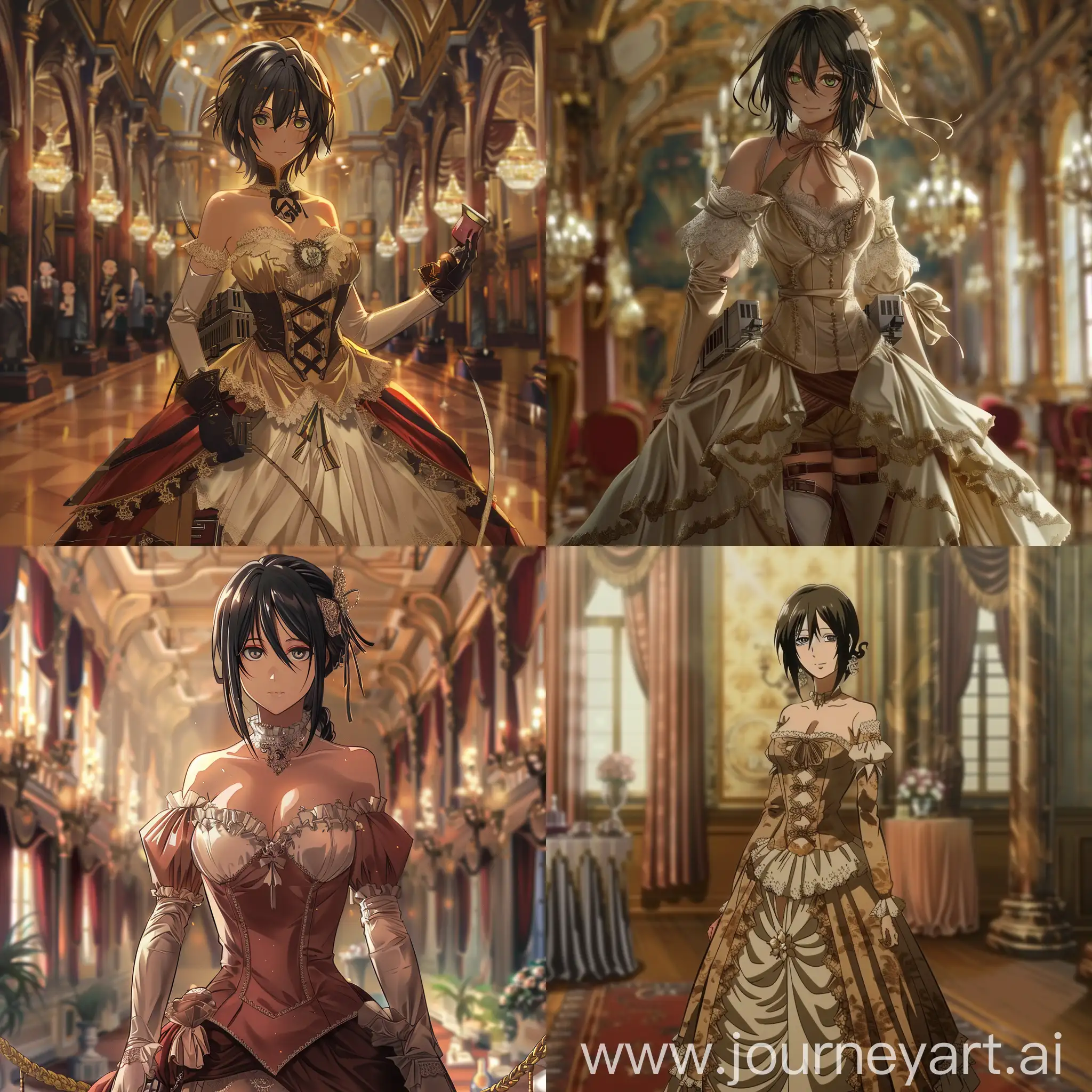 mikasa ackerman from aot dressed in a fancy dress for an event in a ball room, attack on titan wit studio art style s3 anime