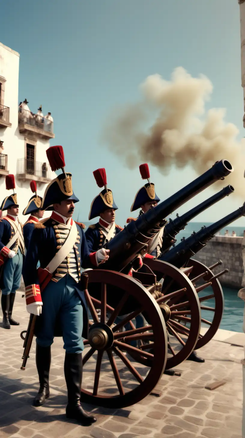 Soldados españoles en las calles de Cartagena de indias, disparando cañones hacia unos barcos,siglo XVIII, imagen ultra realista, iluminación cinemática, alta definición, 8k 
