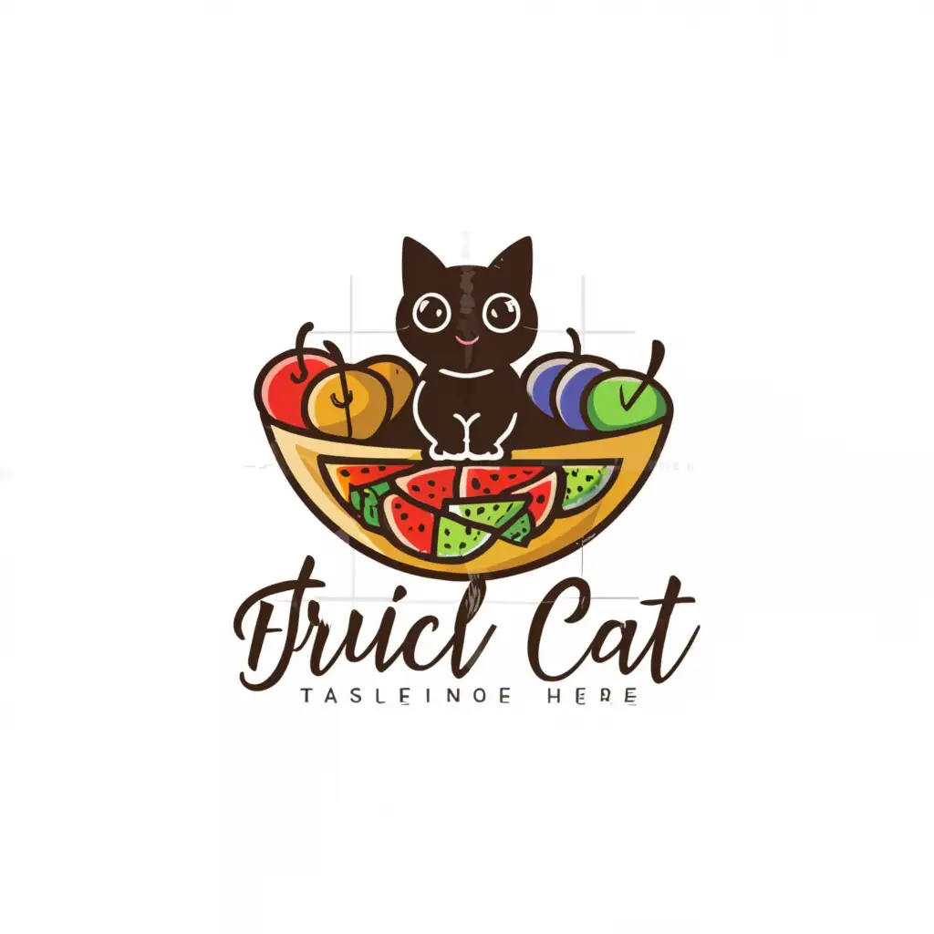 a logo design,with the text 'fruit CAT', main symbol:Cute Cat in a fruit bowl,Moderate,be used in Restaurant industry,clear background