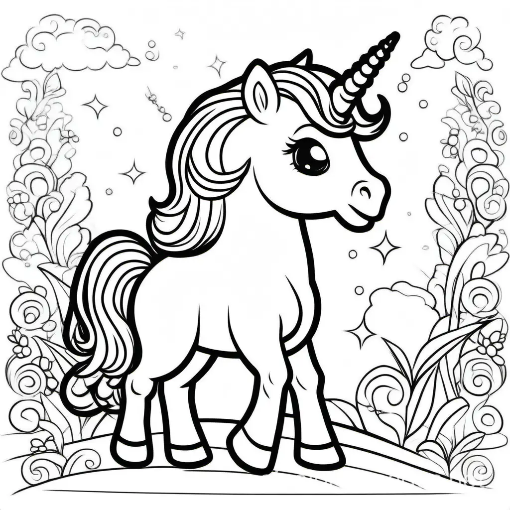 Cartoon small unicorn, Coloring Page, black and white, line art, white background, Simplicity, Ample White Space. The background of the coloring page is plain white to make it easy for young children to color within the lines. The outlines of all the subjects are easy to distinguish, making it simple for kids to color without too much difficulty