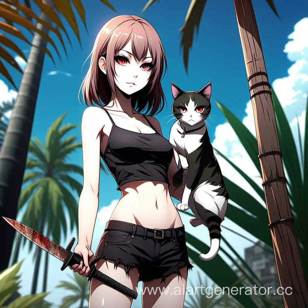 Adorable-Anime-Girl-with-Machete-and-Cute-Cat-by-Palm-Tree