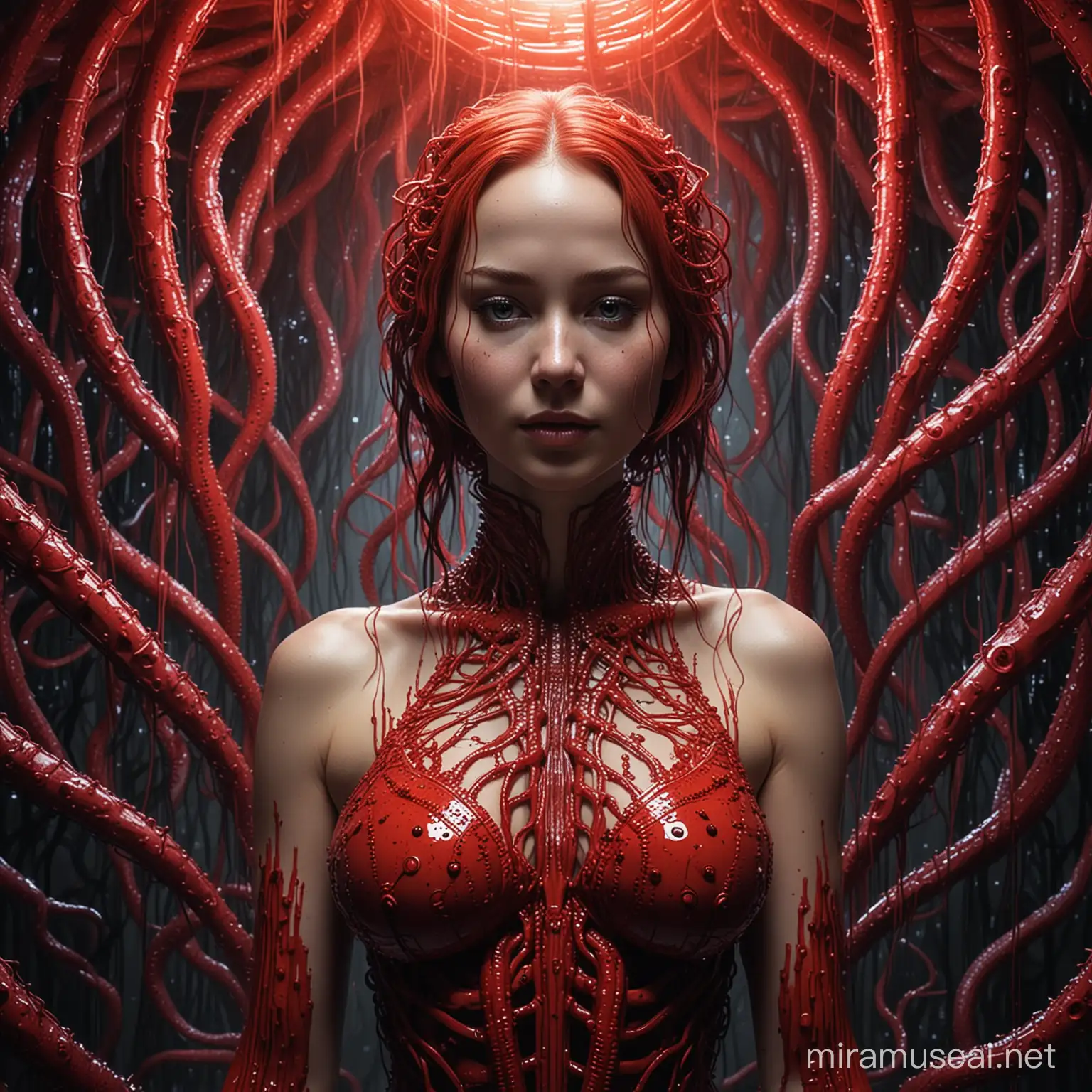 jennifer lawrence is modern day muses, perfect symmetry, post-processing, her body controlled by many tentacles. alien nest background. glowing lights, powerful gestures, highly detailed attributes, full body shot. dramatic red lighting, masterpiece, masterpiece, stunning, flawless structure, perfection, giger style. bitmap rasterize, t-shirts design style, intricate to detail anime aesthetic, pulp comics, heavy chiaroscuro, yayoi kusama, becky cloonan, giger style