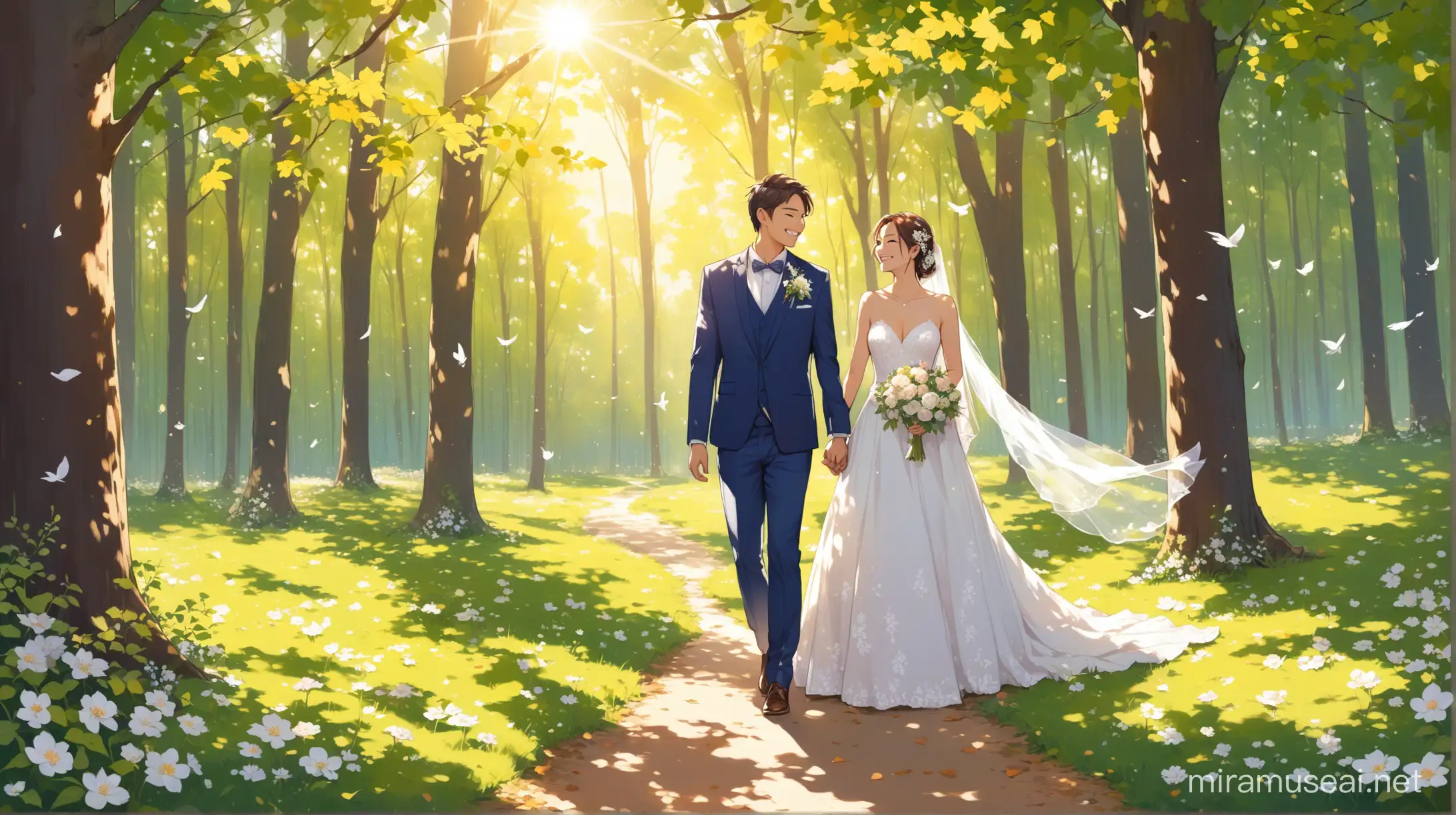 groom couple smiling standing in the woods while flowers fly arround them full body in a sunny day with trees and sunlight coming trought the leafs away 20 meters 