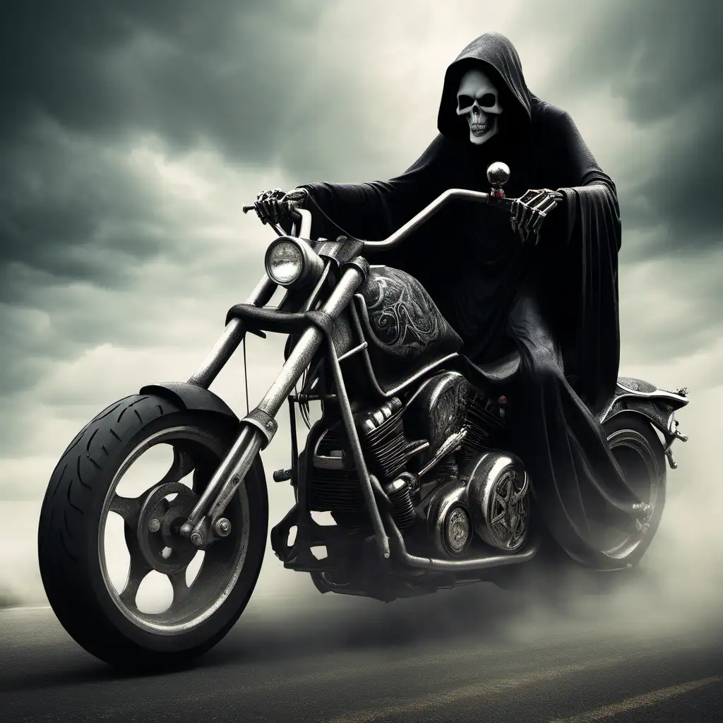 Grim Reaper Riding a Motorcycle Through the Night