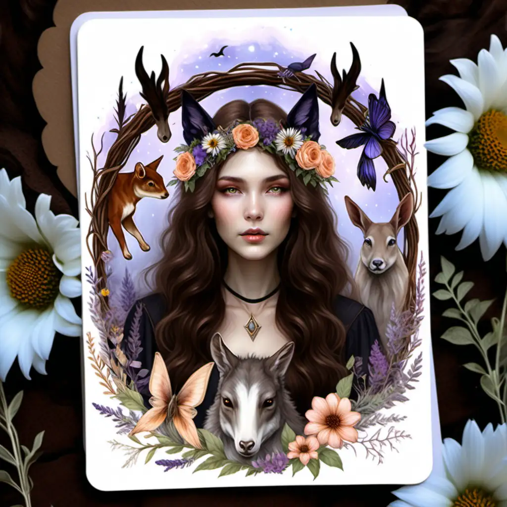 oracle card gentle witch with brown hair flower wreath with animals mystical ethereal oracle card realistic 