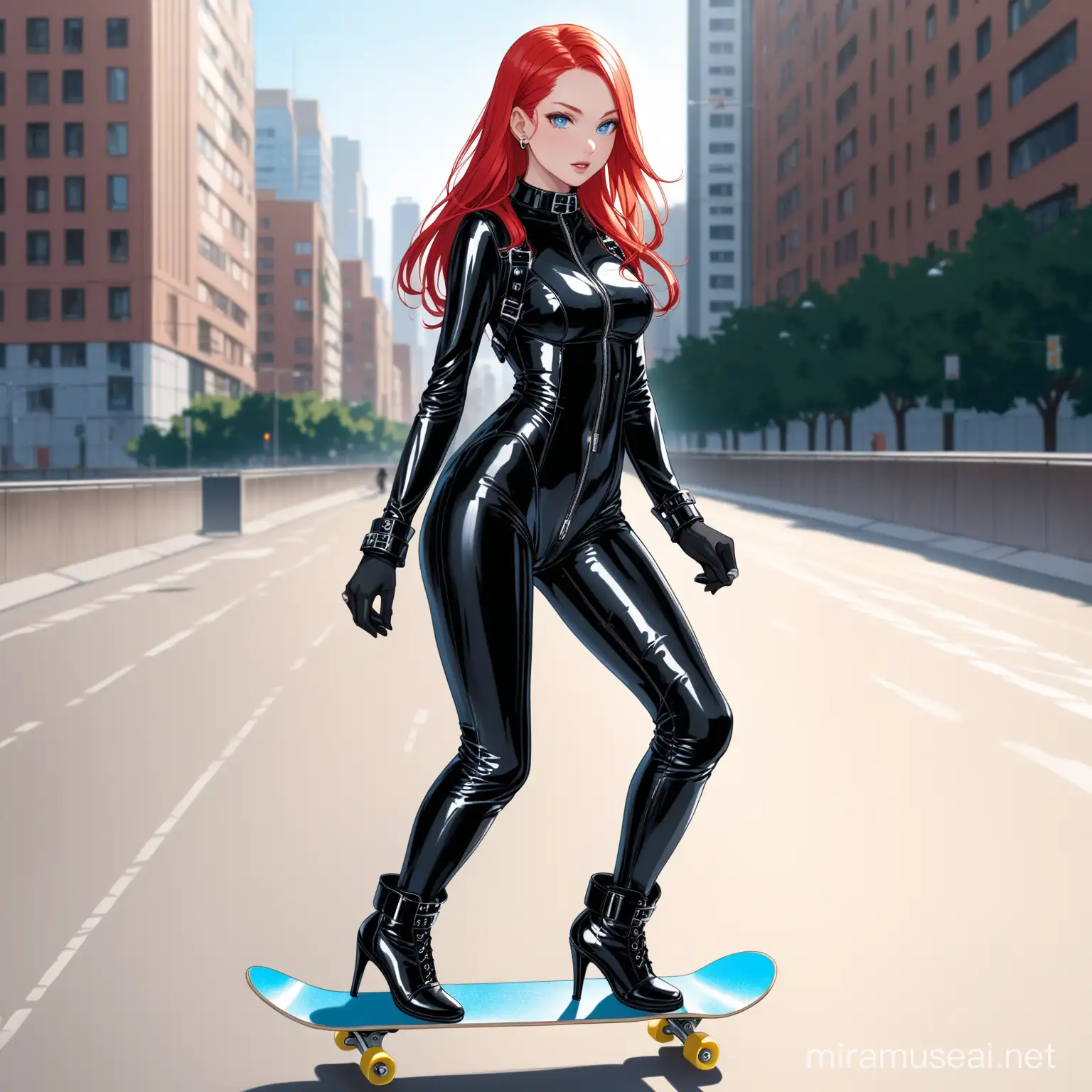 A woman red hair, blue eyes, in a sleek black latex catsuit, black gloves, thigh-high stiletto boots. ring collar, small waist, fetish harness. skateboarding in a city.