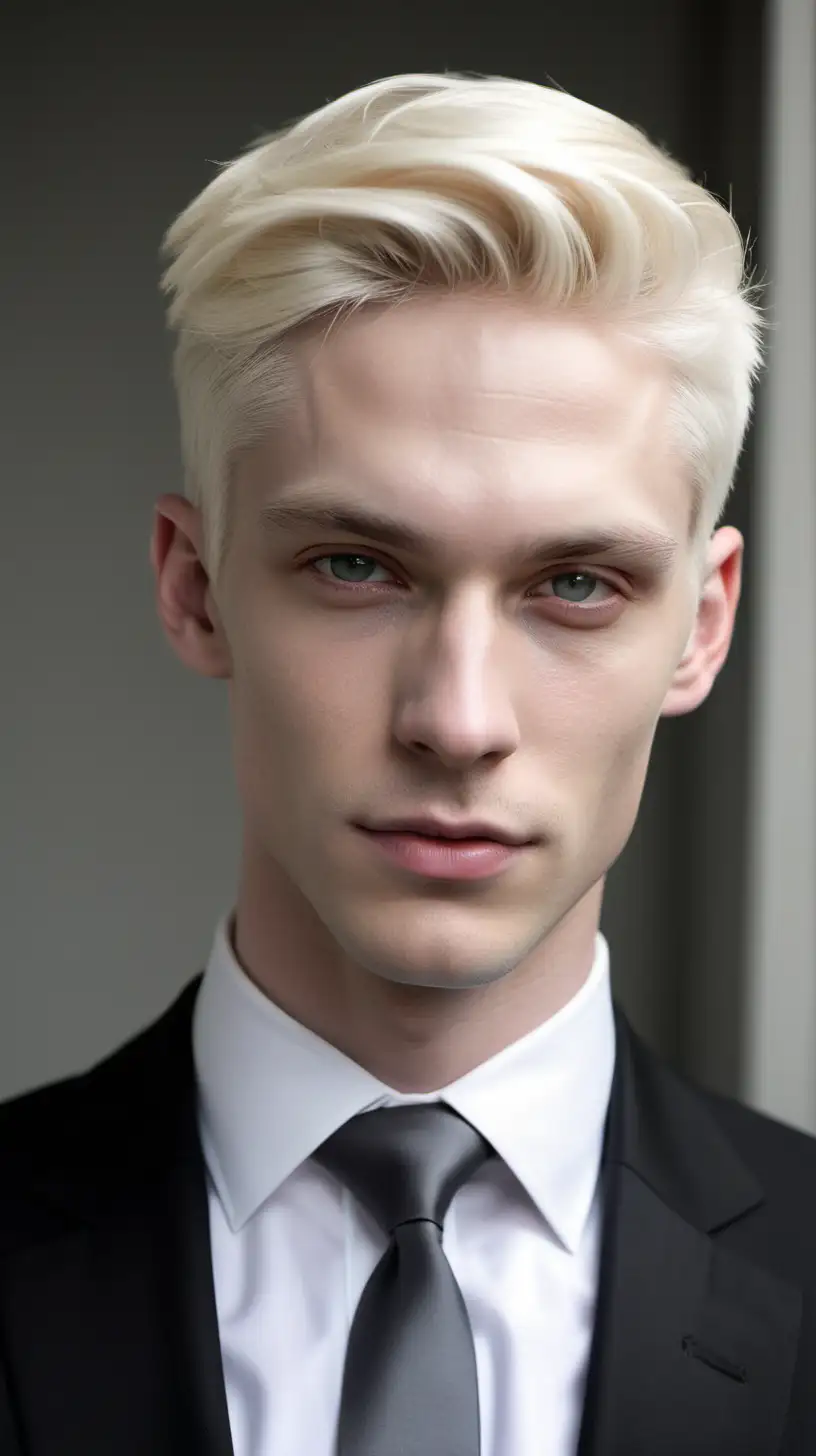 pale white skin, smooth styled white blonde hair, young man, black suit, grey tie, high cheekbones, grey eyes, sharp jaw, full lips, cocky sly smirk