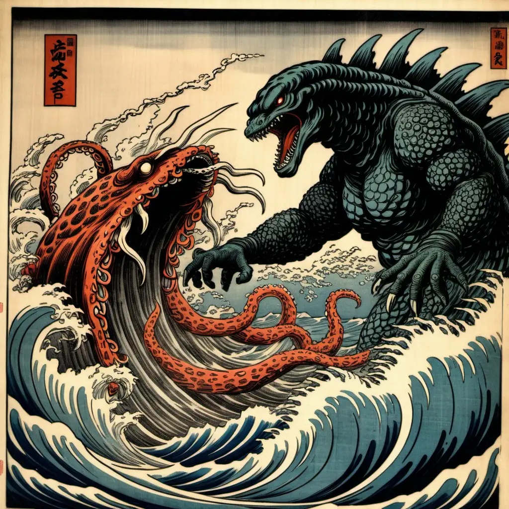 Japanese woodblock print Godzilla fighting a giant squid
