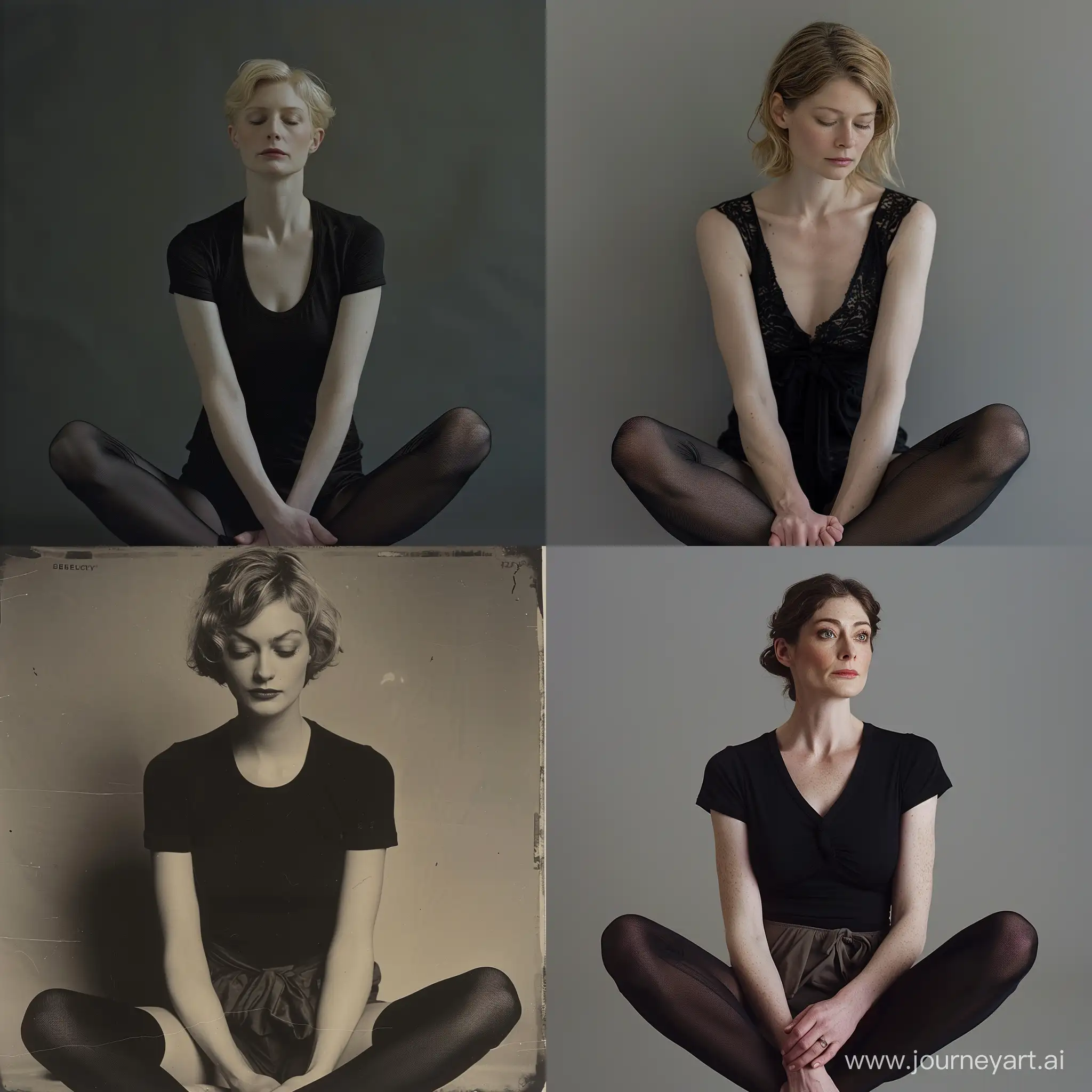 Elizabeth Debicki，sitting，cross-legged position，black pantyhose