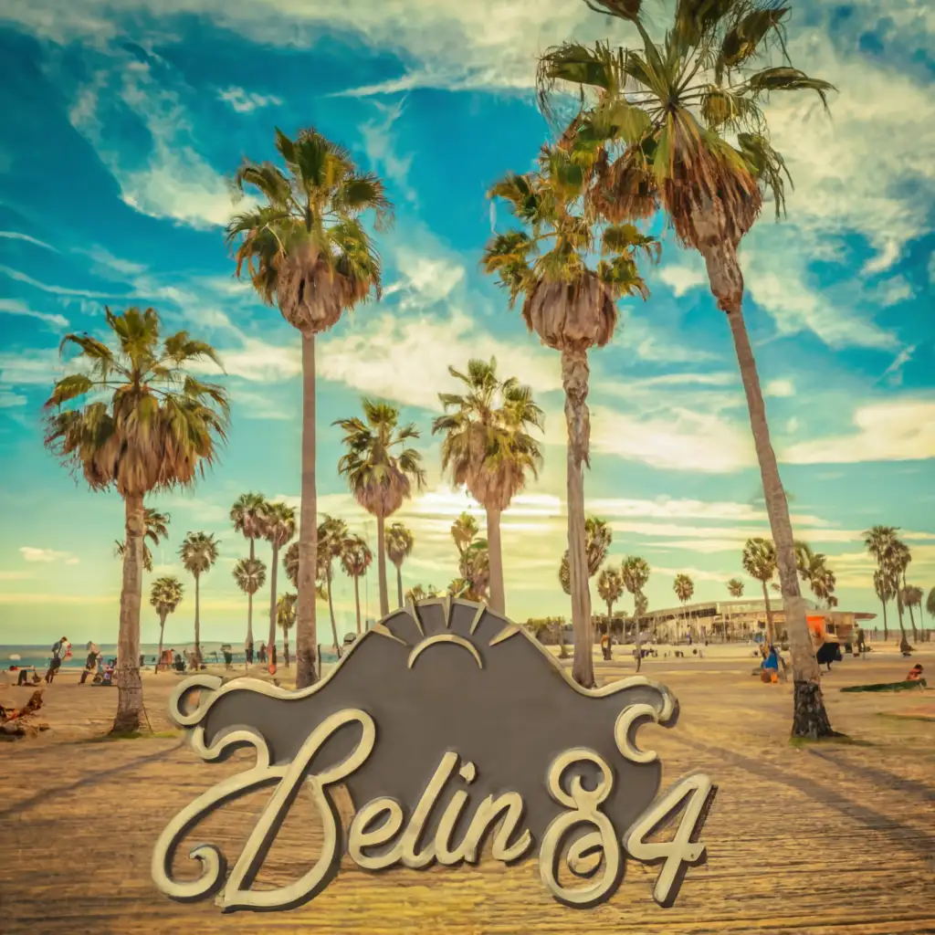 main symbol: main symbol: handmade metallized text BELIN 84, vhs noise, shining, glitter, and glow Background: A photo of beach with palms and sun and people rollerskating
a second text BoIaDe! on below

