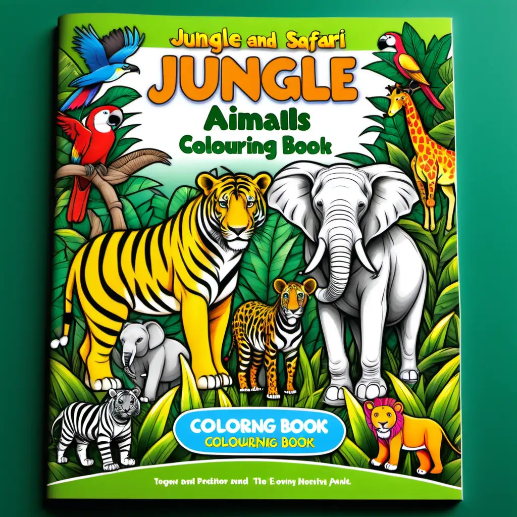 jungle and safari animals colouring book front cover with colour