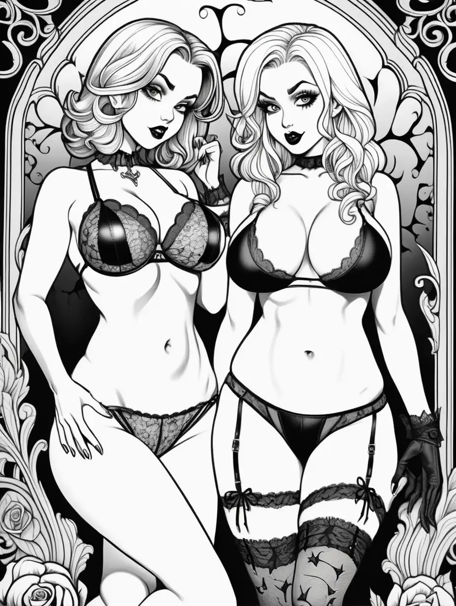 Gothic Pinup Coloring Book Sultry Femme Fatales Amidst Detailed Spooky Scenes
