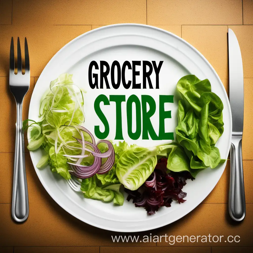 Тарелка с зелёным салатом, вилкой и ножиком, сверху надпись "продуктовый магазин"