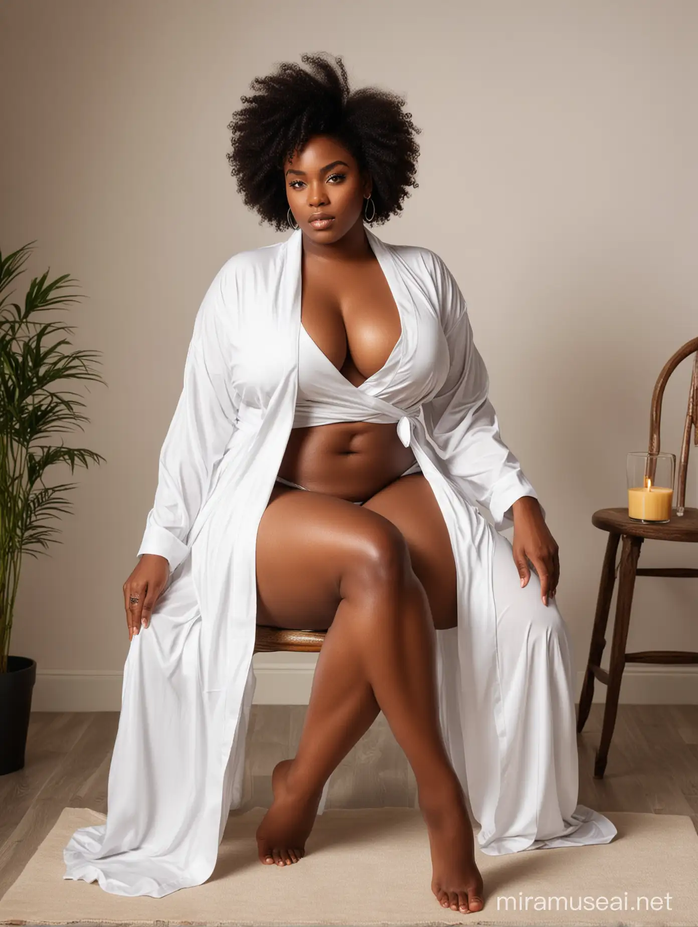 beautiful voluptuous black woman, a low cut white robes, cut to the top of her leg, sitting on a chair