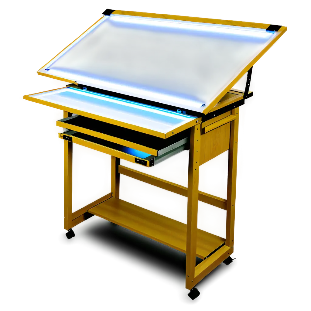 drawing table made of lumber with has LED strip light underneath the acrylic glass with the angle of 30degrees or adjustable with the use of  hinges and has drawer and caster wheels 

