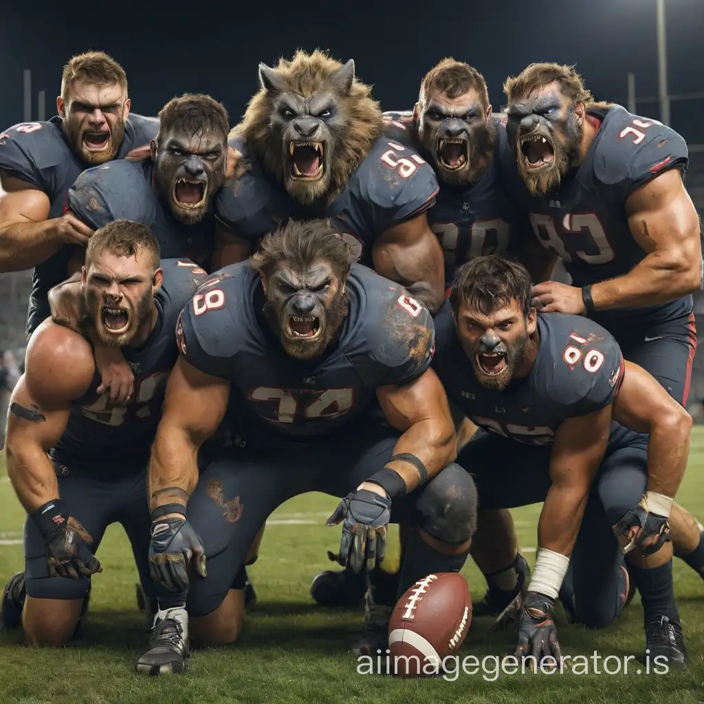 American football players, team, after being bitten, werewolf attack, 50-80% transformed, group
