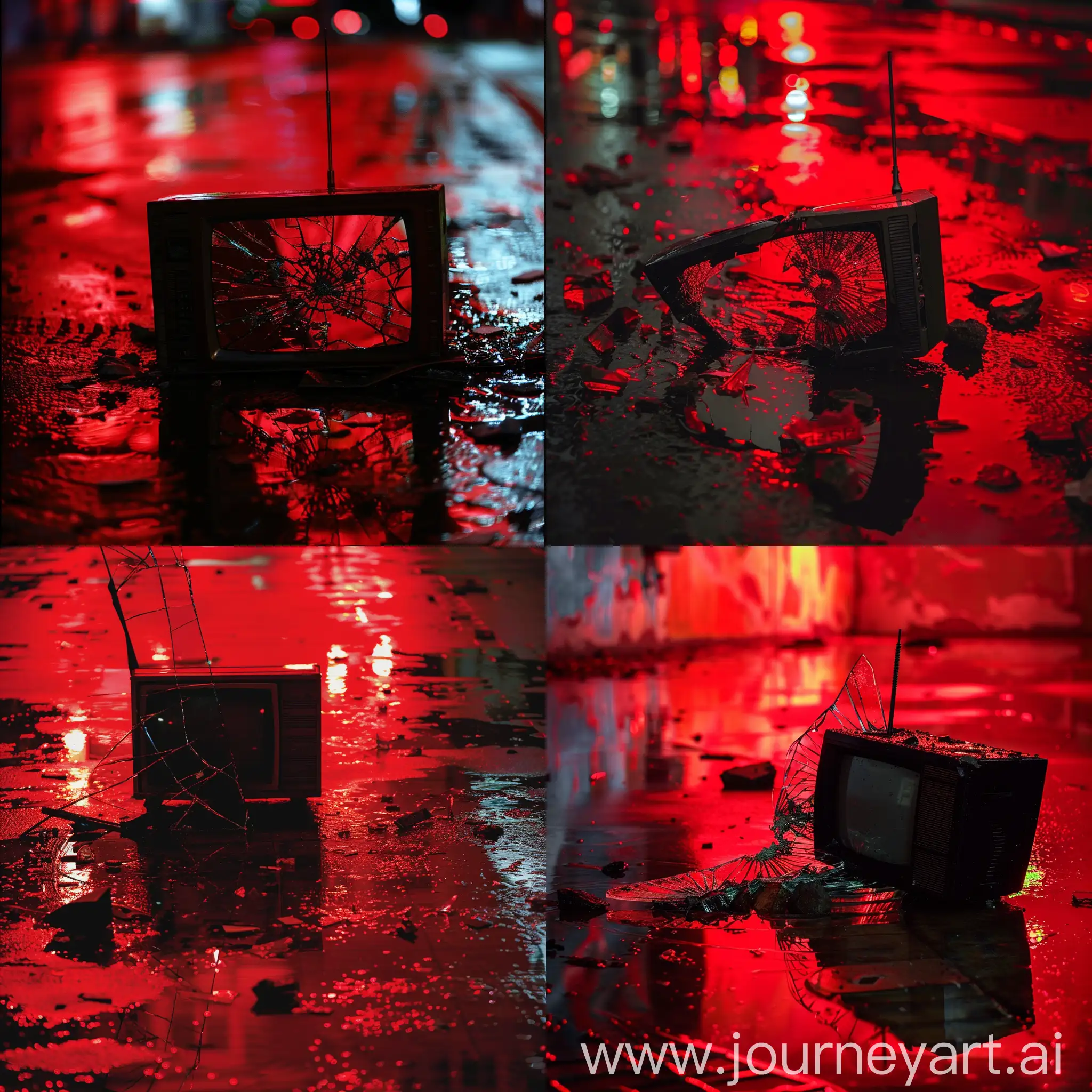 a broken television on the wet reflective floor, red light, dark tones