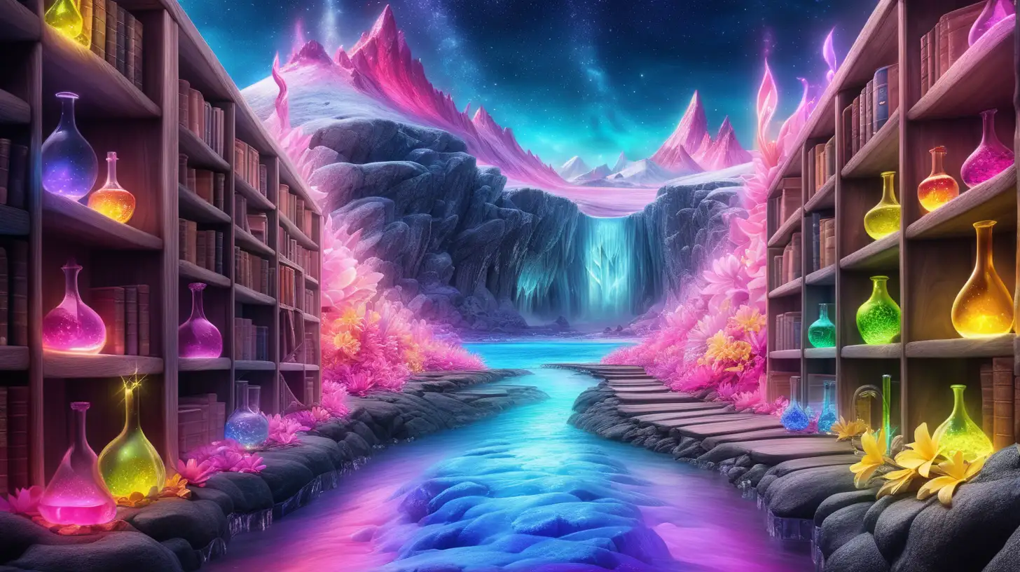  bookshelves with potions creates path to fairytale magical bright-yellow-pink-green-blue-purple glowing flowers in a glowing bright pink river and ocean side with blue-fire lava and magical glowing ice glaciers