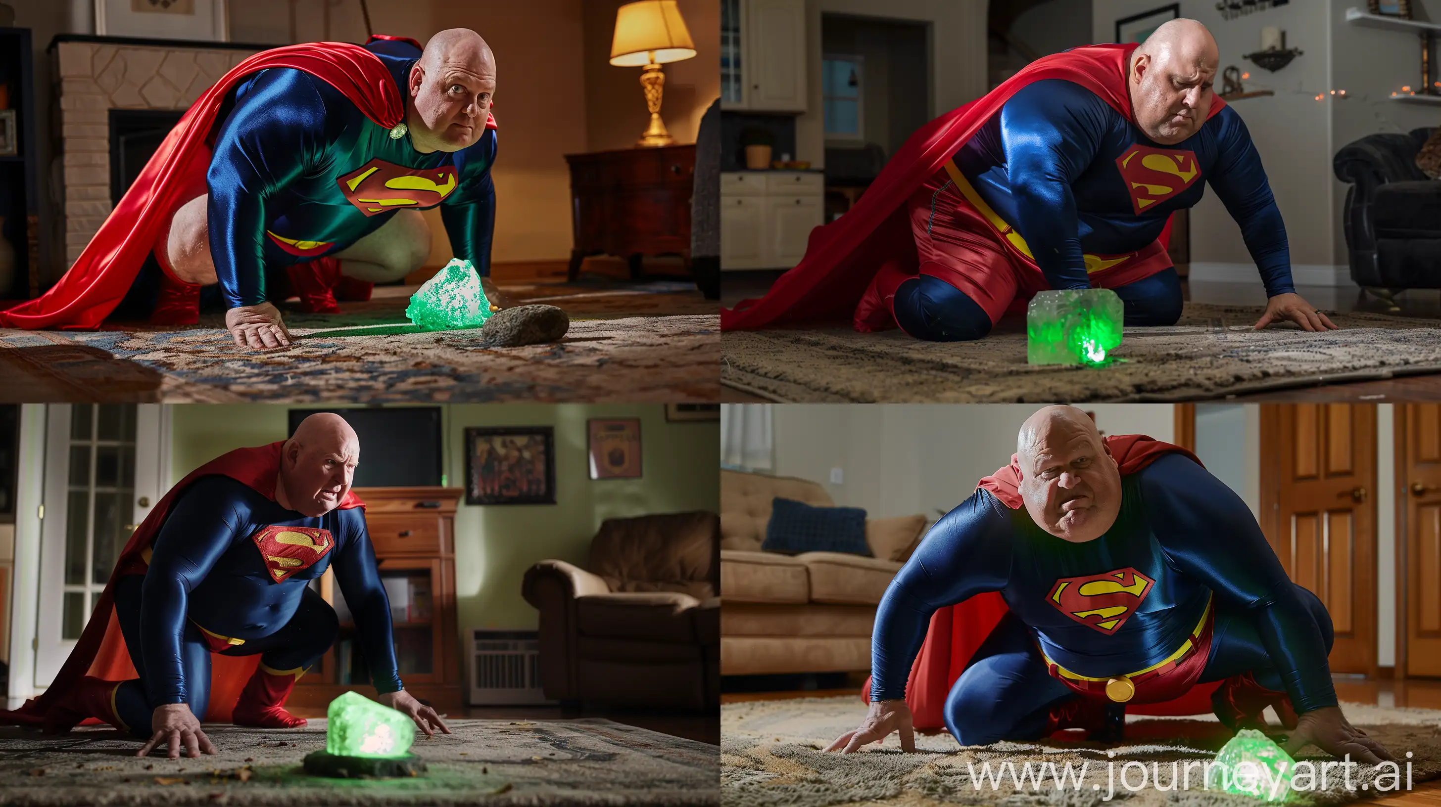 Front close-up photo of a fat man aged 60 wearing silk navy blue complete superman tight uniform with a large red cape, red trunks, yellow belt, red boots. Falling on his knees on the ground in front of a green glowing small rock on the ground. Inside a living room. Bald. Clean Shaven. Natural light. --ar 16:9