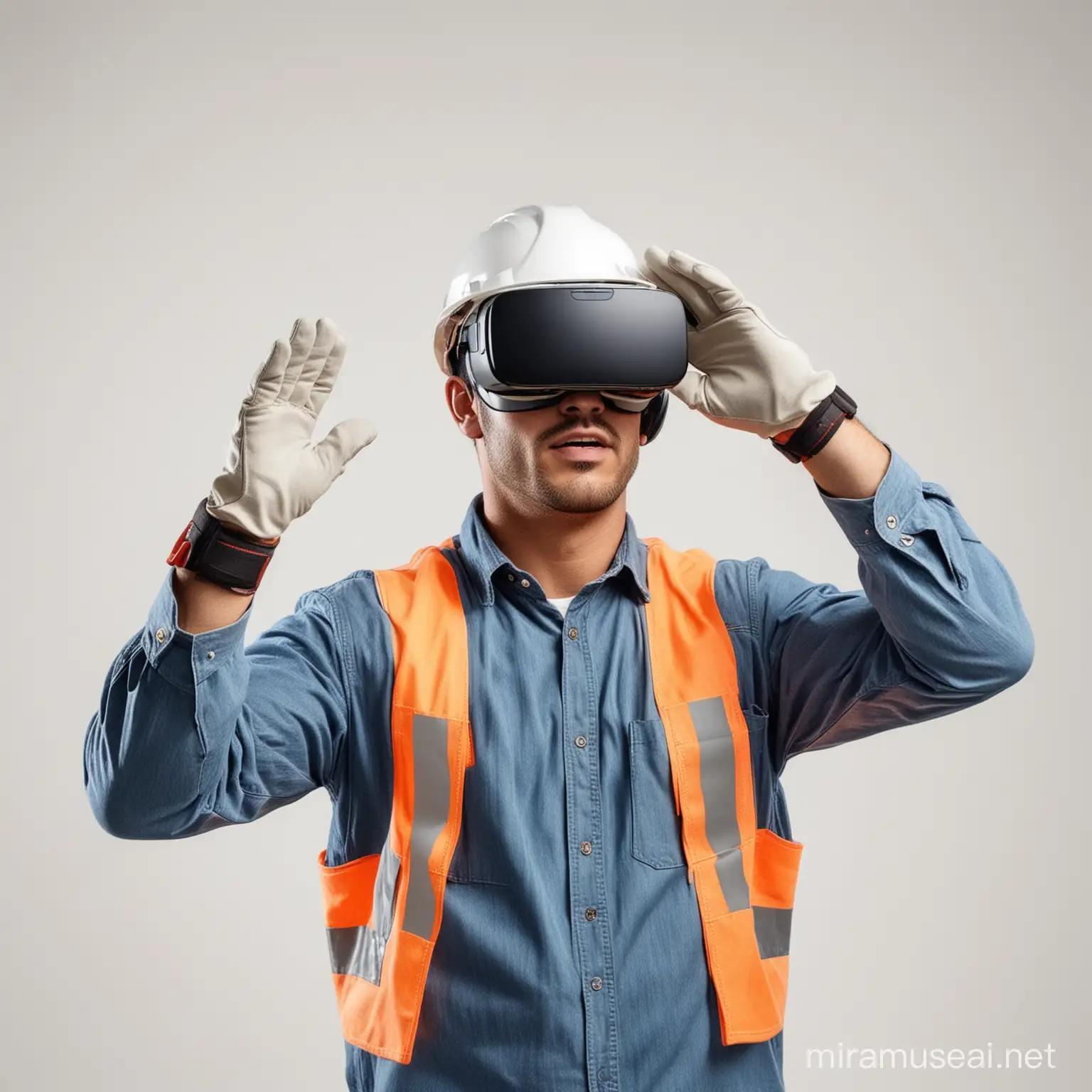 un ouvrier de chantier vu entièrement porte un casque de réalité virtuelle sur les yeux et un casque de chantier. arrière-plan blanc. il porte des gants et montre quelque chose en l'air
