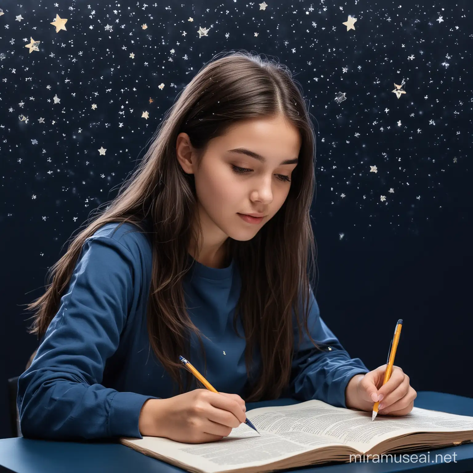 uma garota estudando com um fundo azul ecuro com estrelas