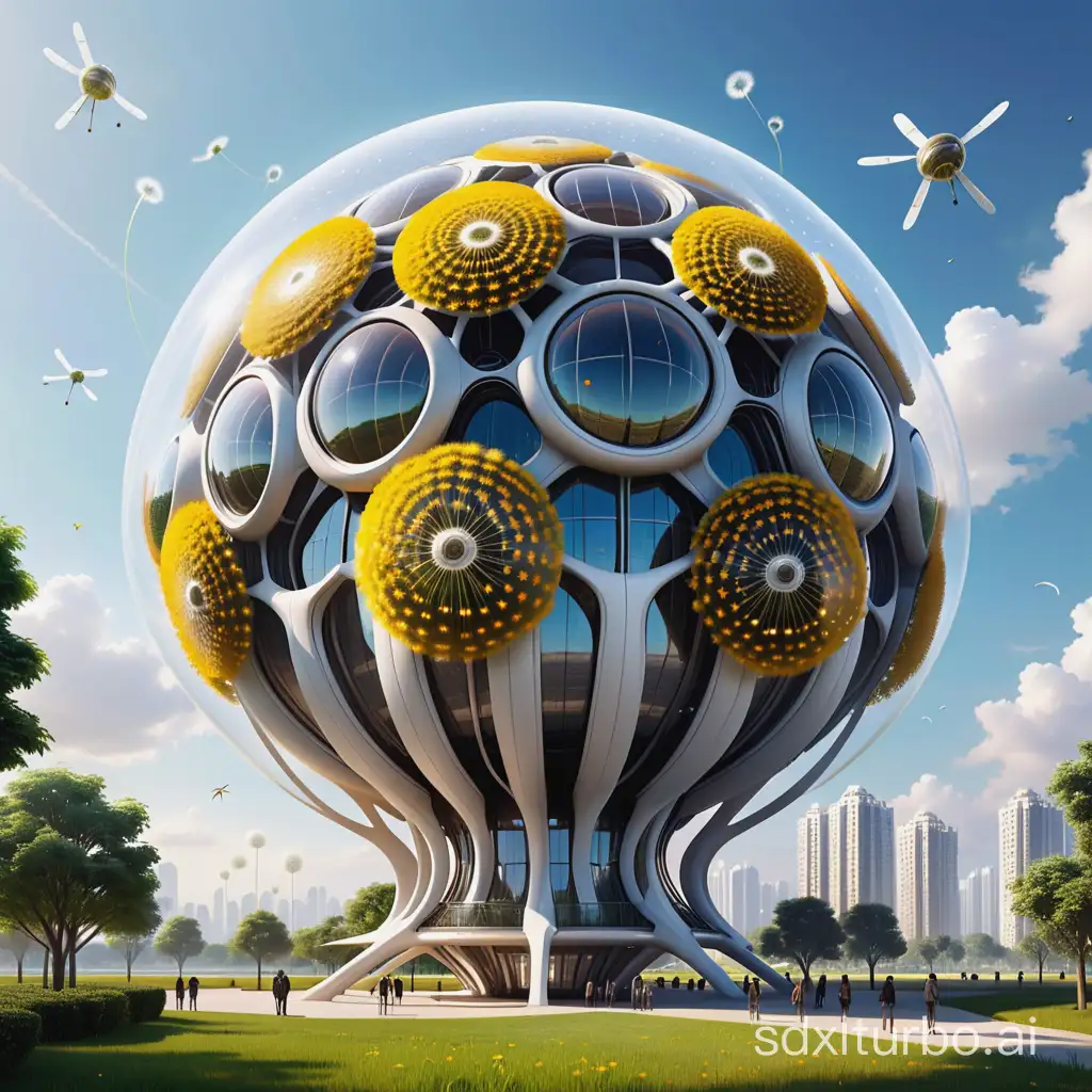 The overall shape resembling a blooming dandelion, a futuristic sci-fi residential building, with stems serving as elevators, a spherical receptacle for residents to live in, compartments, bionic future aircraft inspired by the hairy parts of dandelions, similar to bamboo dragonflies, each compartment connected to an aircraft, mechanical sci-fi style, futuristic materials, community, futuristic architecture, bionic design, mechanical hairy aircraft, bionic dandelion-shaped building but not a real dandelion.