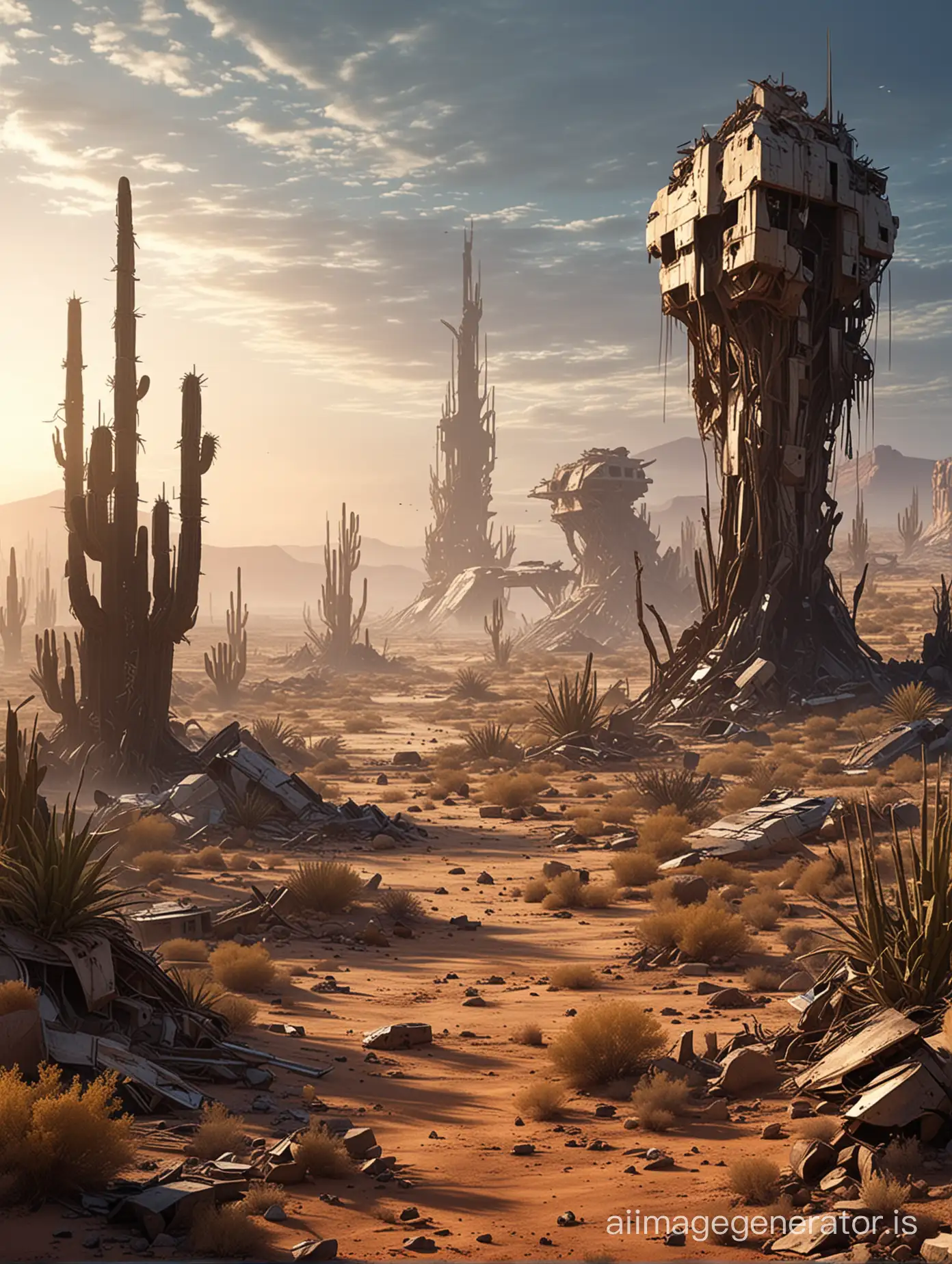 Tess-Explores-Futuristic-Desert-Ruins-Amidst-Twilight-Vegetation