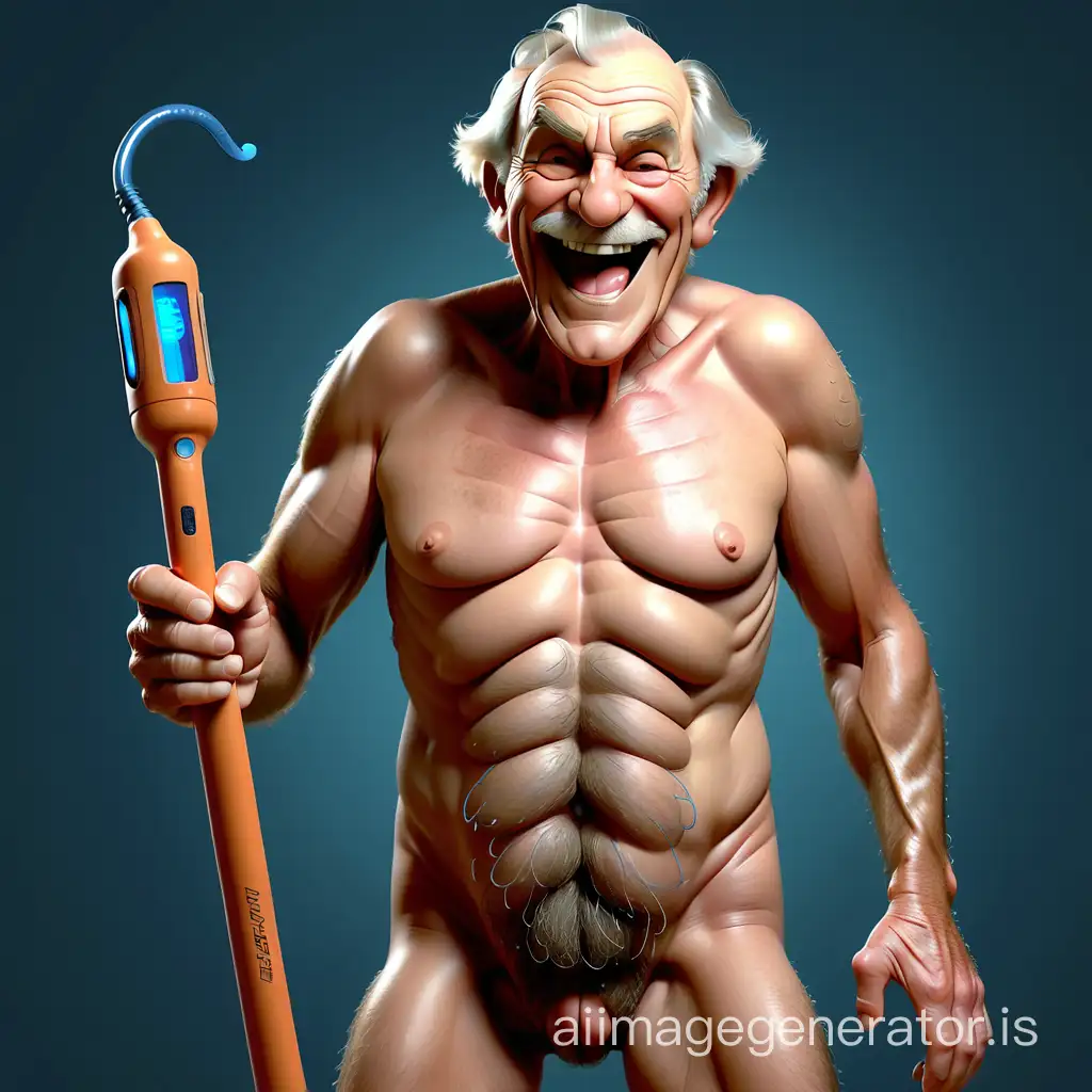 old grandpa on viagra, proud, with a big hard vascular penis, grinning pervert, naked, standing erect, oozing sperm, hairy body, full body, agile, dynamic, fit & strong, shaggy, funky, intense,, holding vibrating bdsm taser baton club, doctor, aphrodisiac, medication, drugger