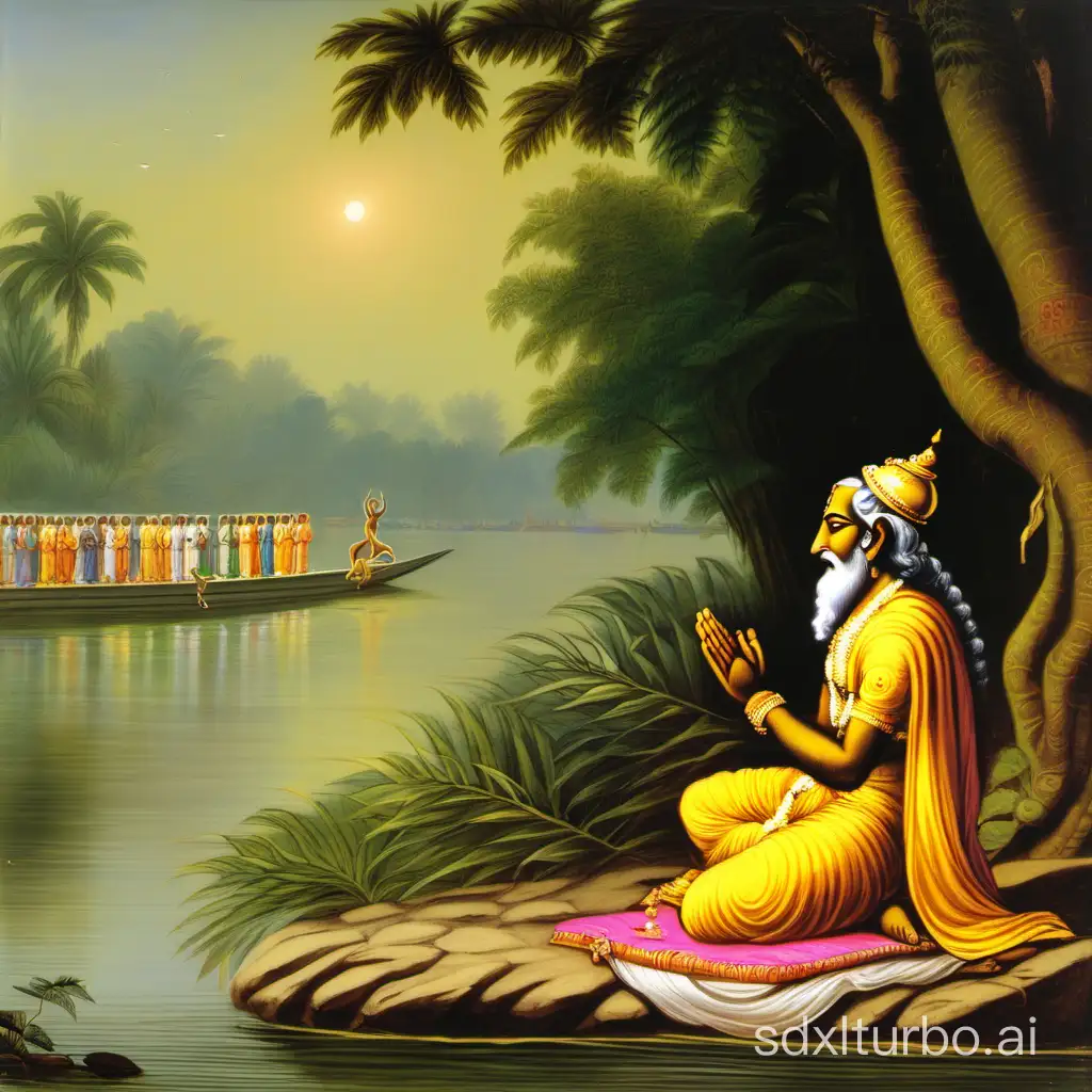 A saint praying to Lord Vishnu on bank of a river