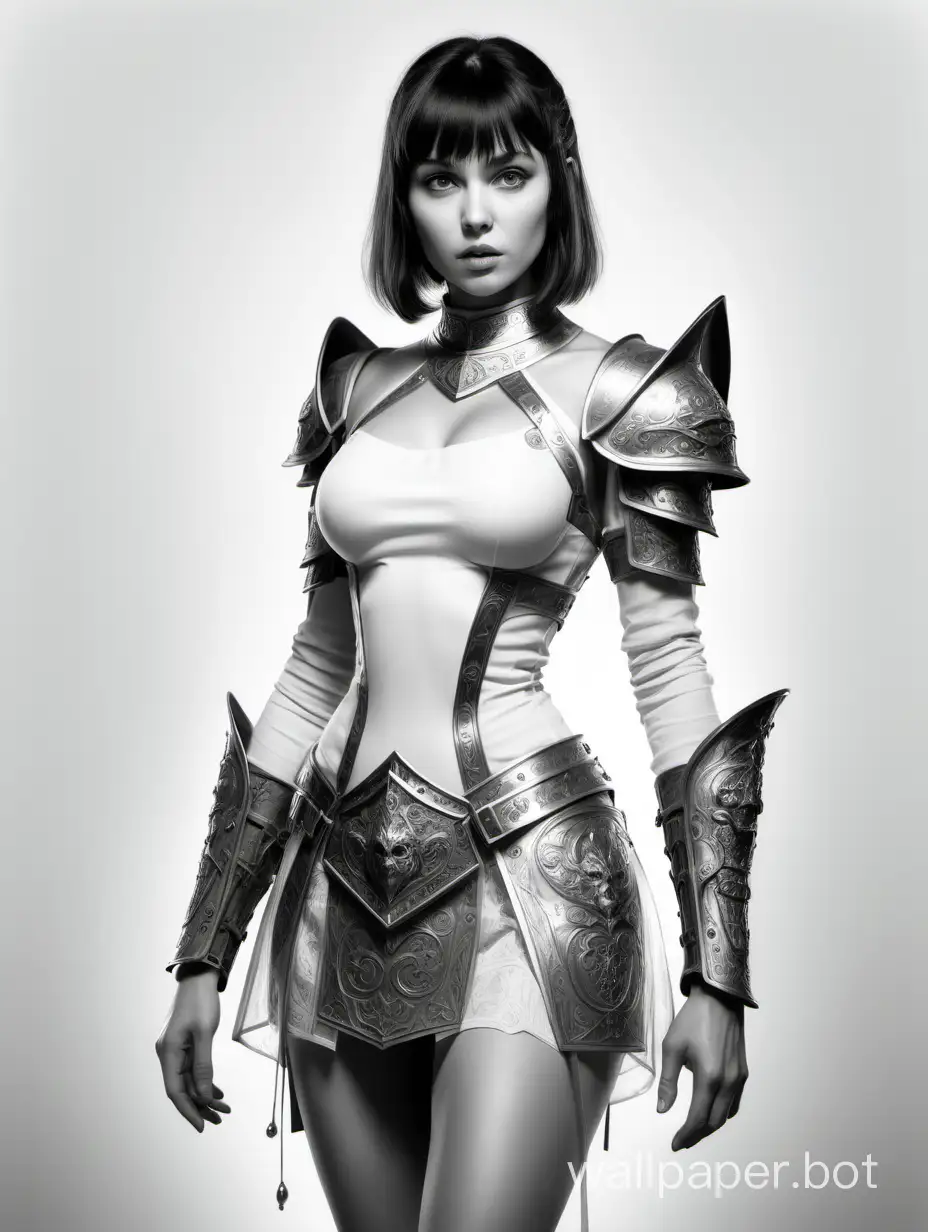 Ekaterina Shpitsa. young girl. short dark hair with bangs. chest size 4. narrow waist. wide hips. inquisitor's concubine. Light white armor with transparent inserts and deep neckline. Mini skirt with lacing. black and white sketch. white background. 8k photo. nude art style.