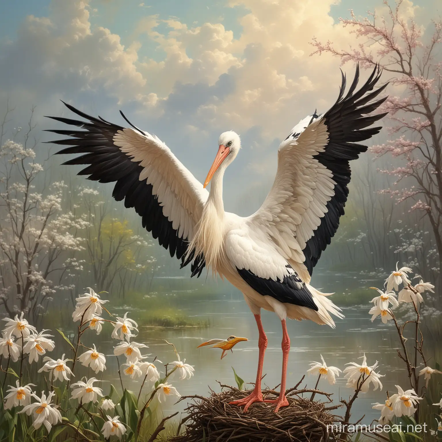 Stork Flying Over Blossoming Spring Landscape