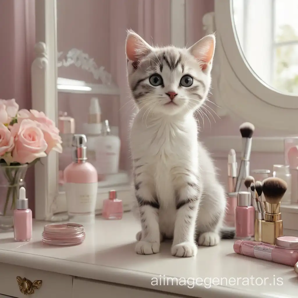 Котёнок сидит перед туалетным столиком и наносит косметику фирмы Avon