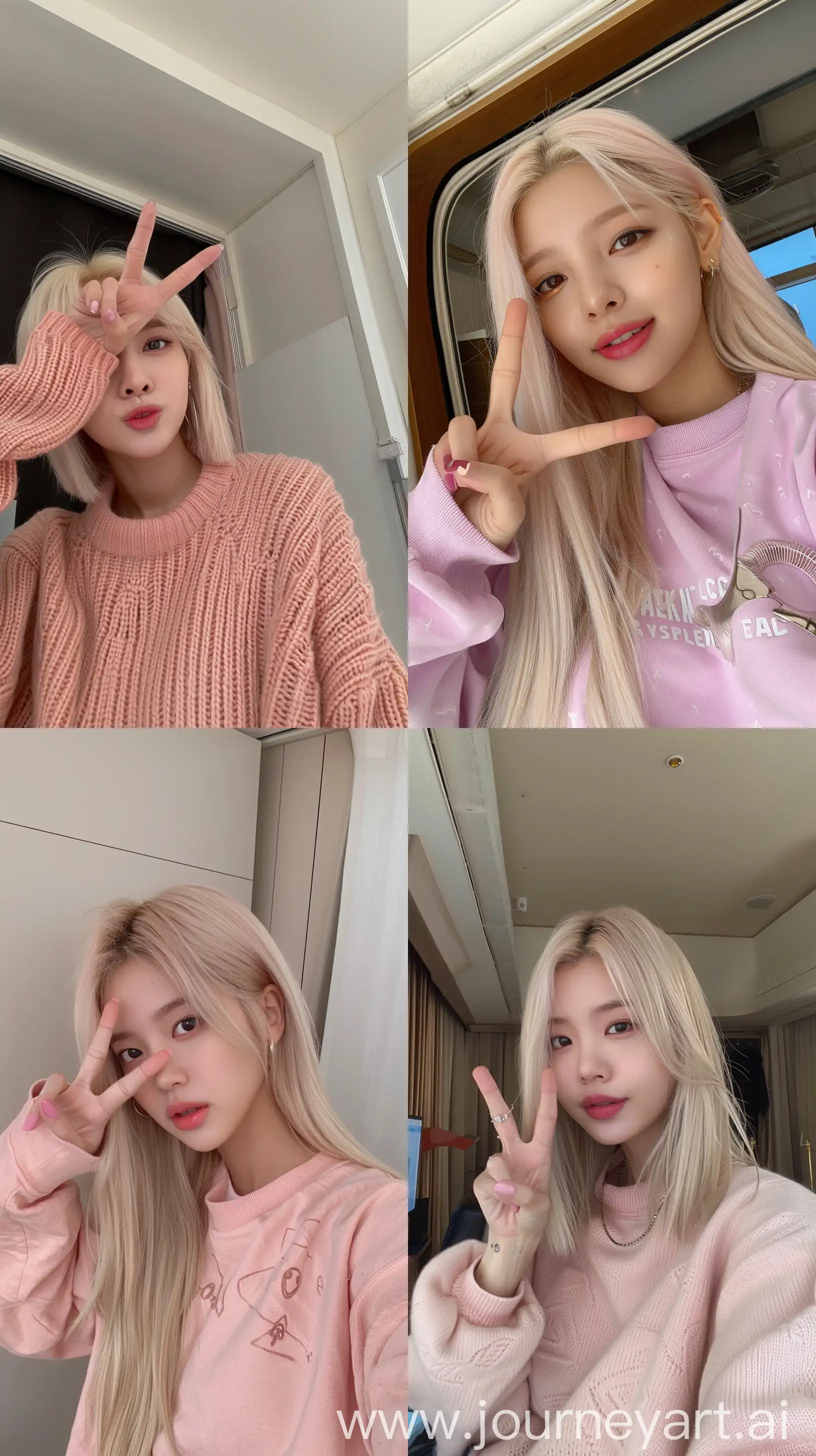 Aesthetic instagram selfie,blackpink's jennie with  blonde wolfcut hair, wide set eyes, soft pink cardifan making peace sign in t room --ar 9:16