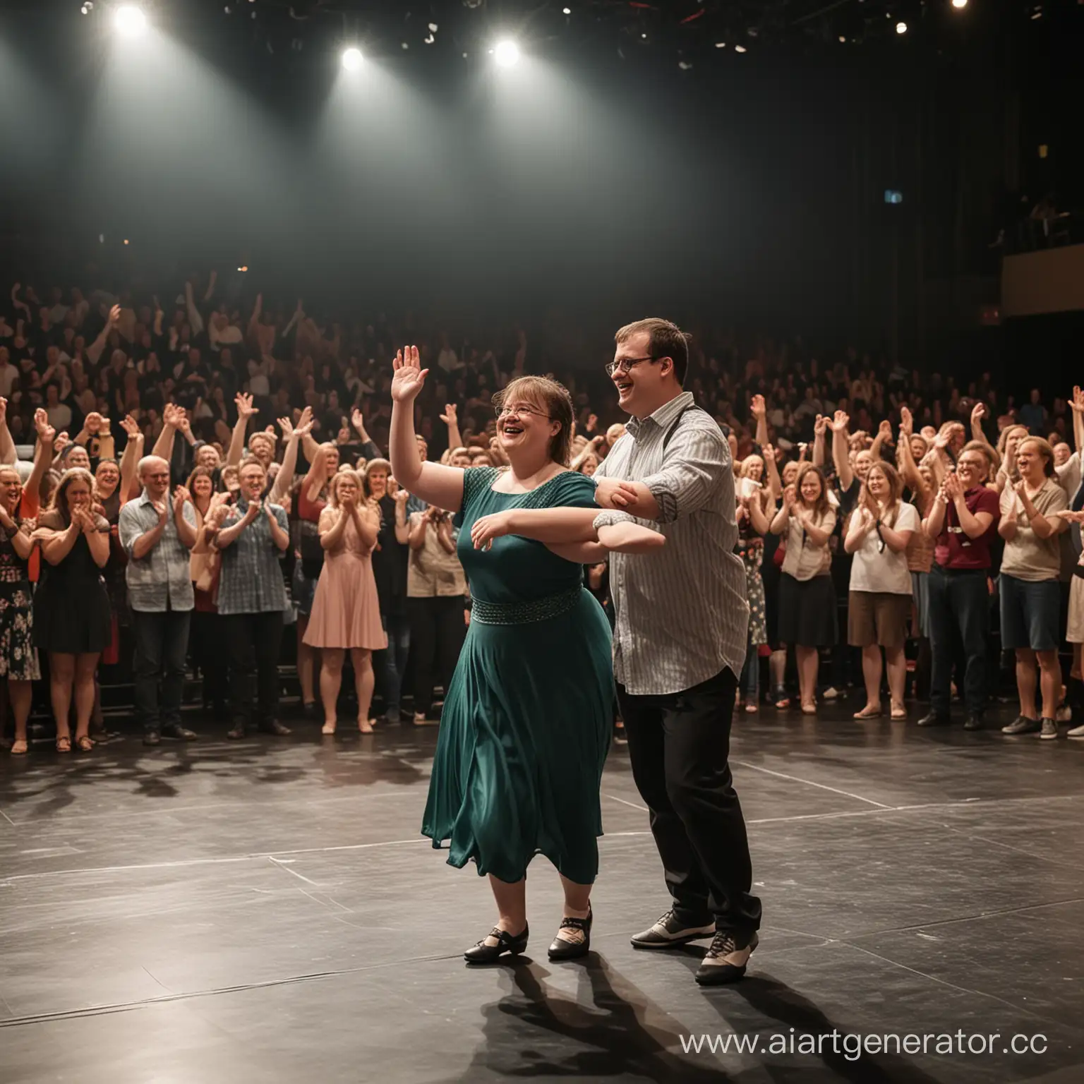 пара с синдромом Дауна, танцующая на сцене большого театра и получающая аплодисменты зрителей  
