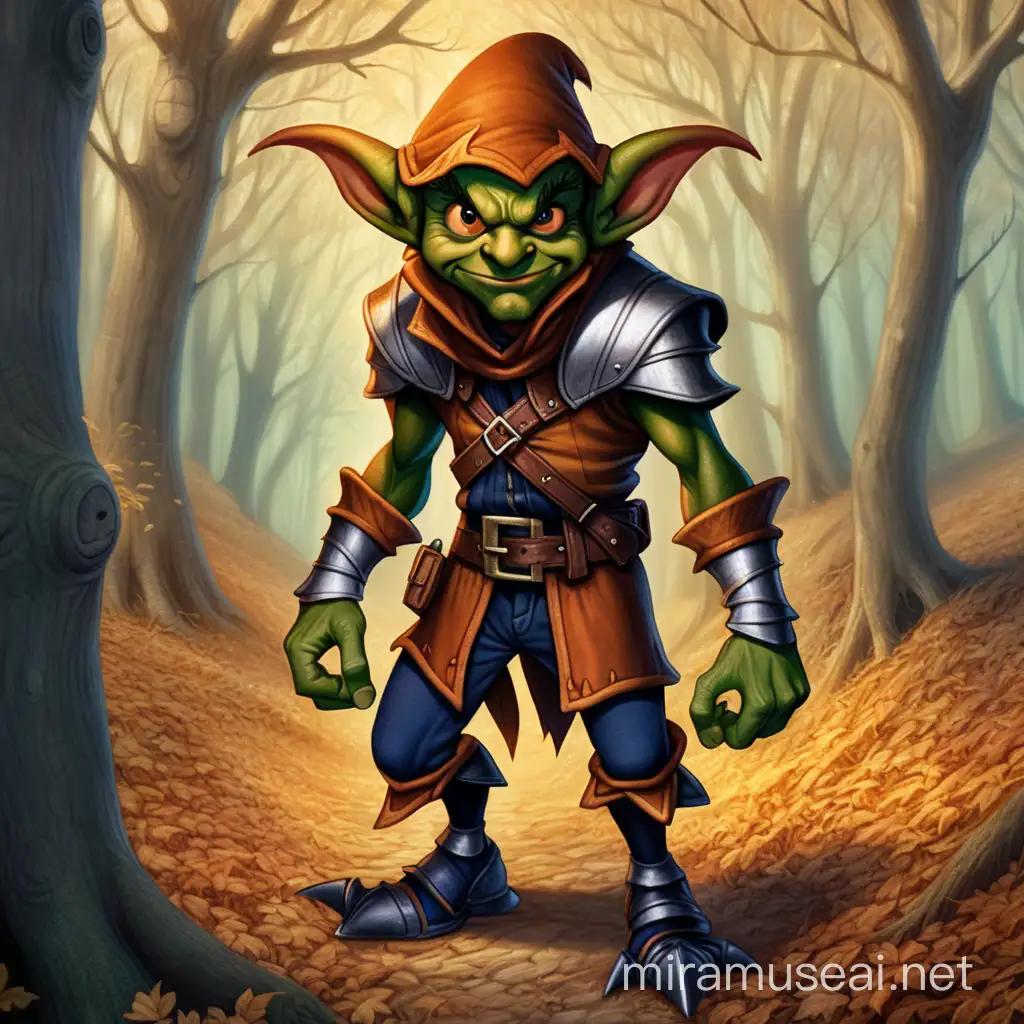 A hobgoblin who is very shy. Standing in the woods.