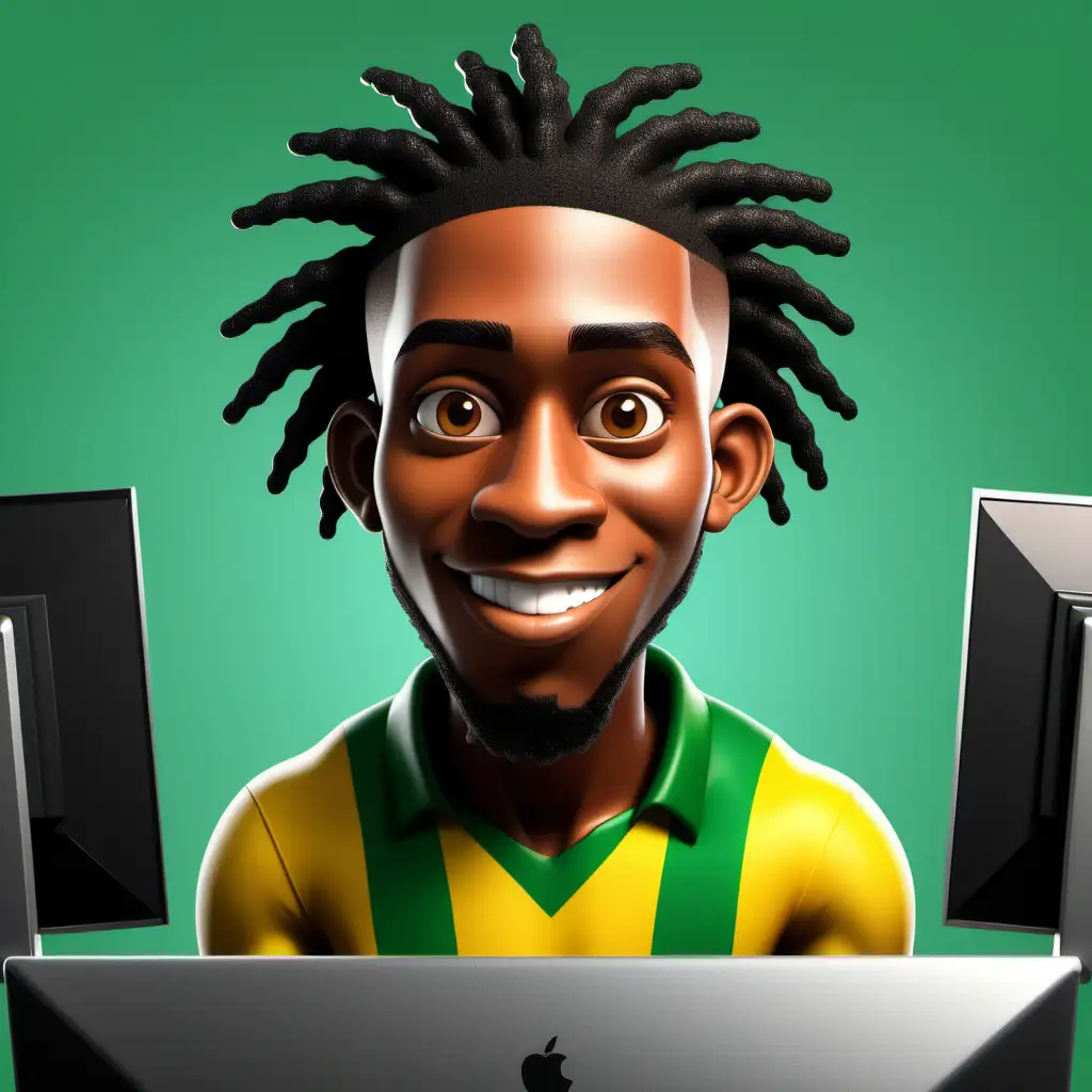 male young jamaican  cartoon character behind computer screen